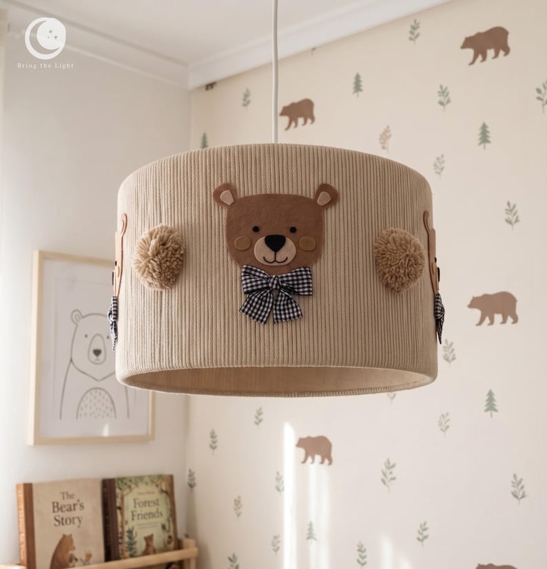 Teddy Bear Ceiling Lamp with smiling felt bear faces, checked bows and beige pom poms