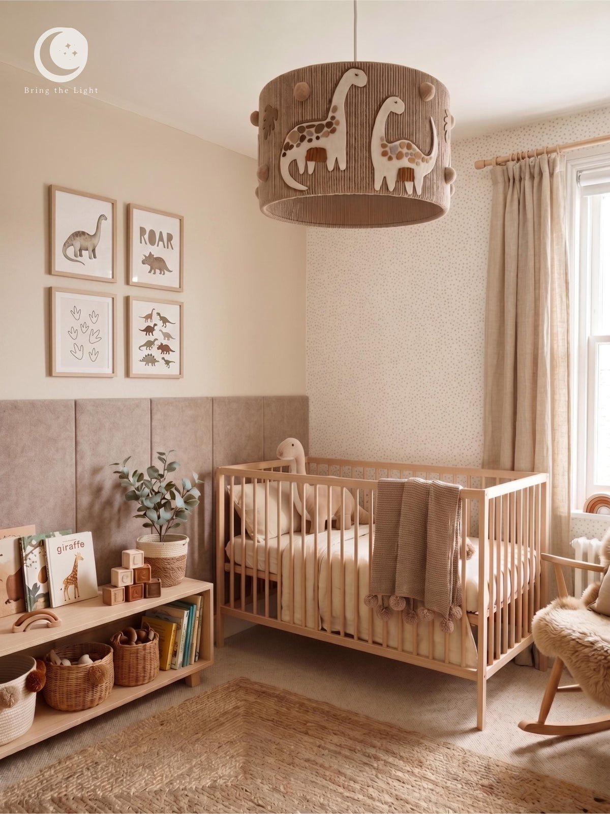 Dinosaur Shade hanging in a styled room with framed dinosaur pictures