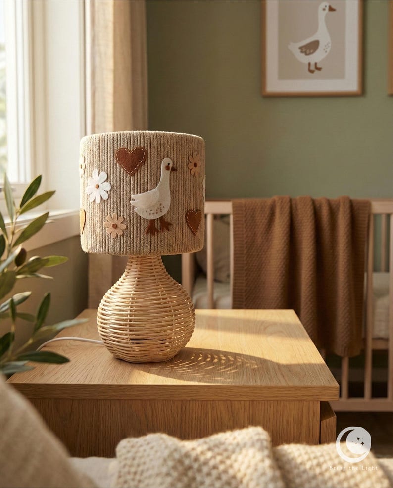 Goose table lamp on a wooden dresser in a styled room with green walls