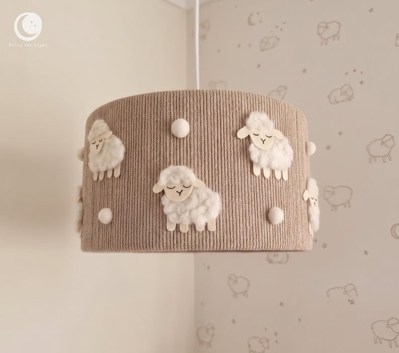 Sheep Lamp with raised white wool sheep and pale felt faces on taupe cotton