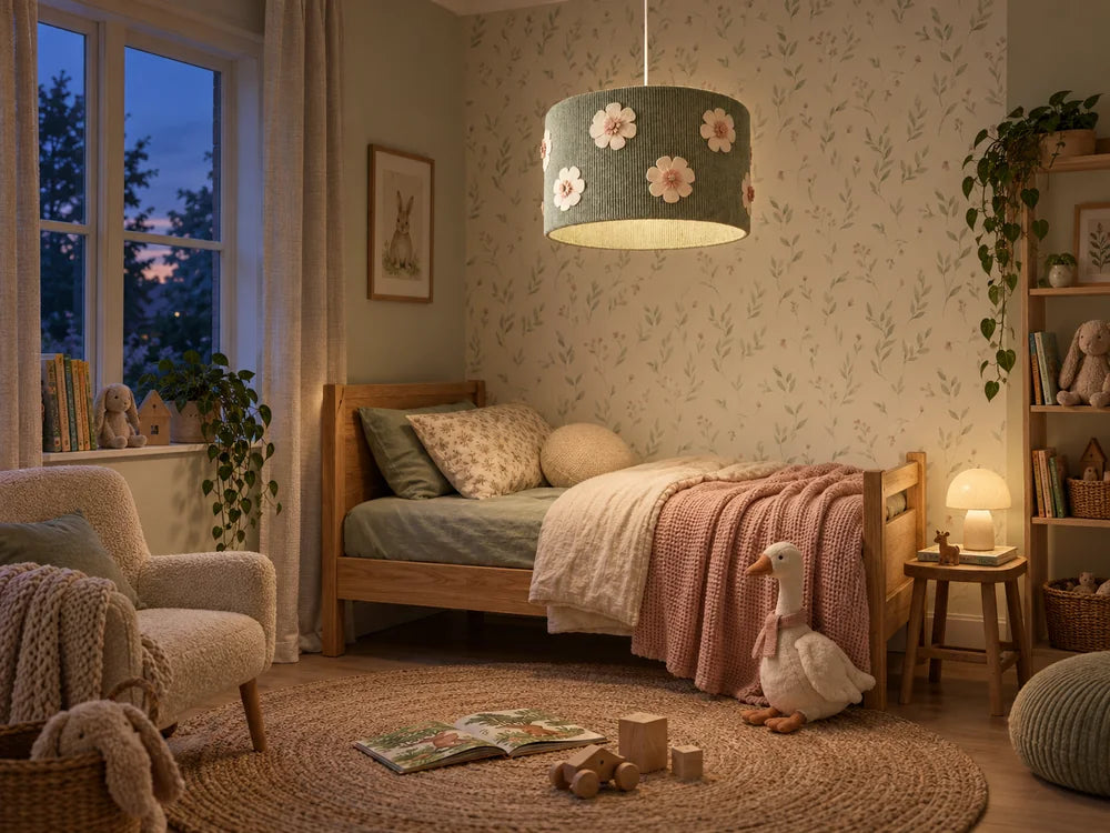 Et tænkt rum om aftenen. Model: »Havelampeskærm«. Varmt lys indenfor og blå skumring udenfor. Rummet er illustreret med AI. De originale billeder af lampen findes på produktsiden.