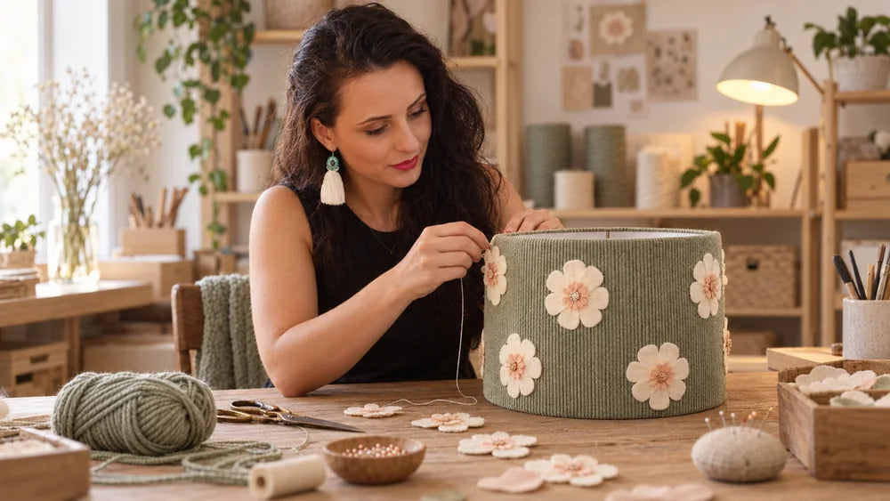 A woman sewing felt flowers onto a sage green lampshade at a worktable
