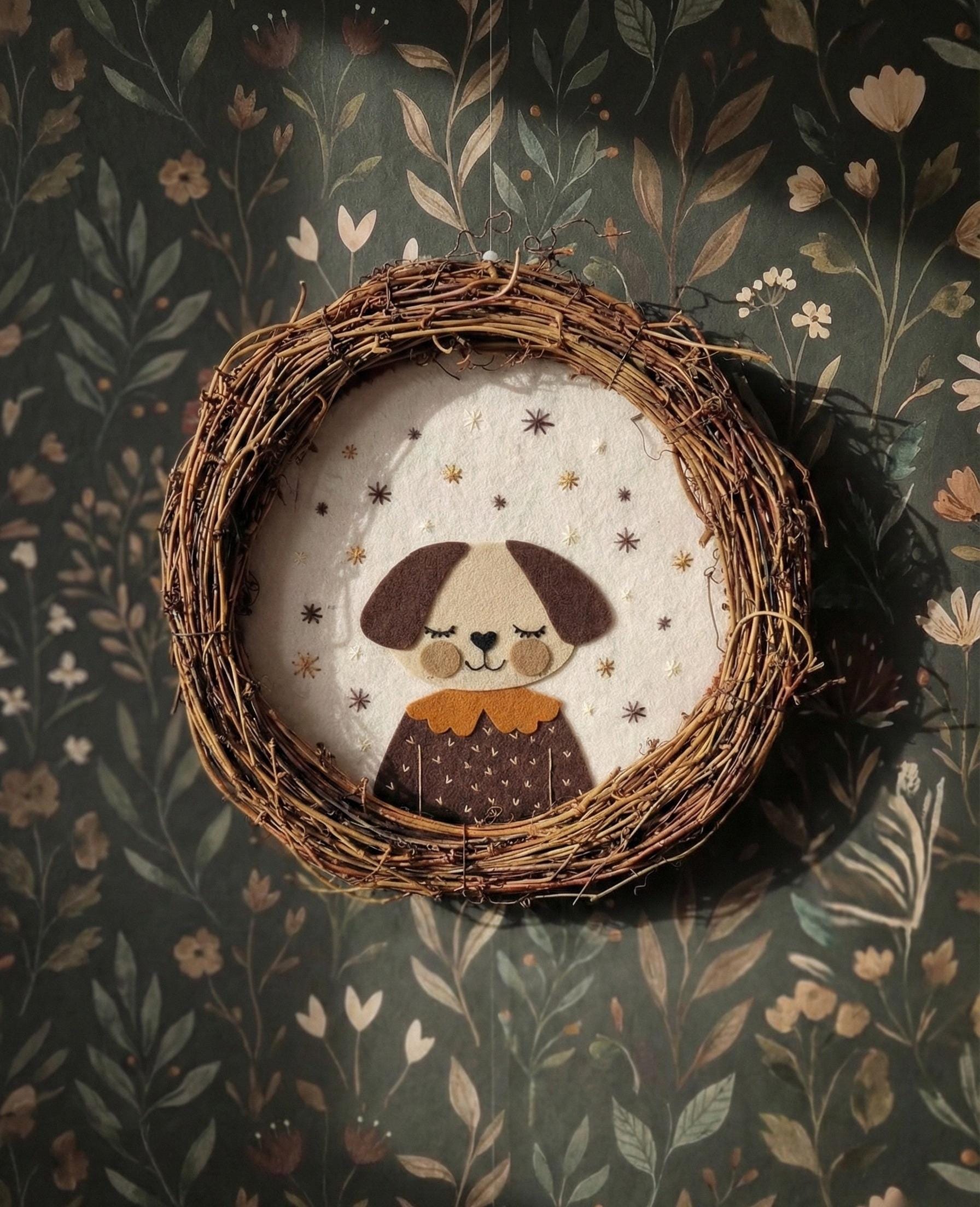 Handmade felt dog wall wreath for a nursery