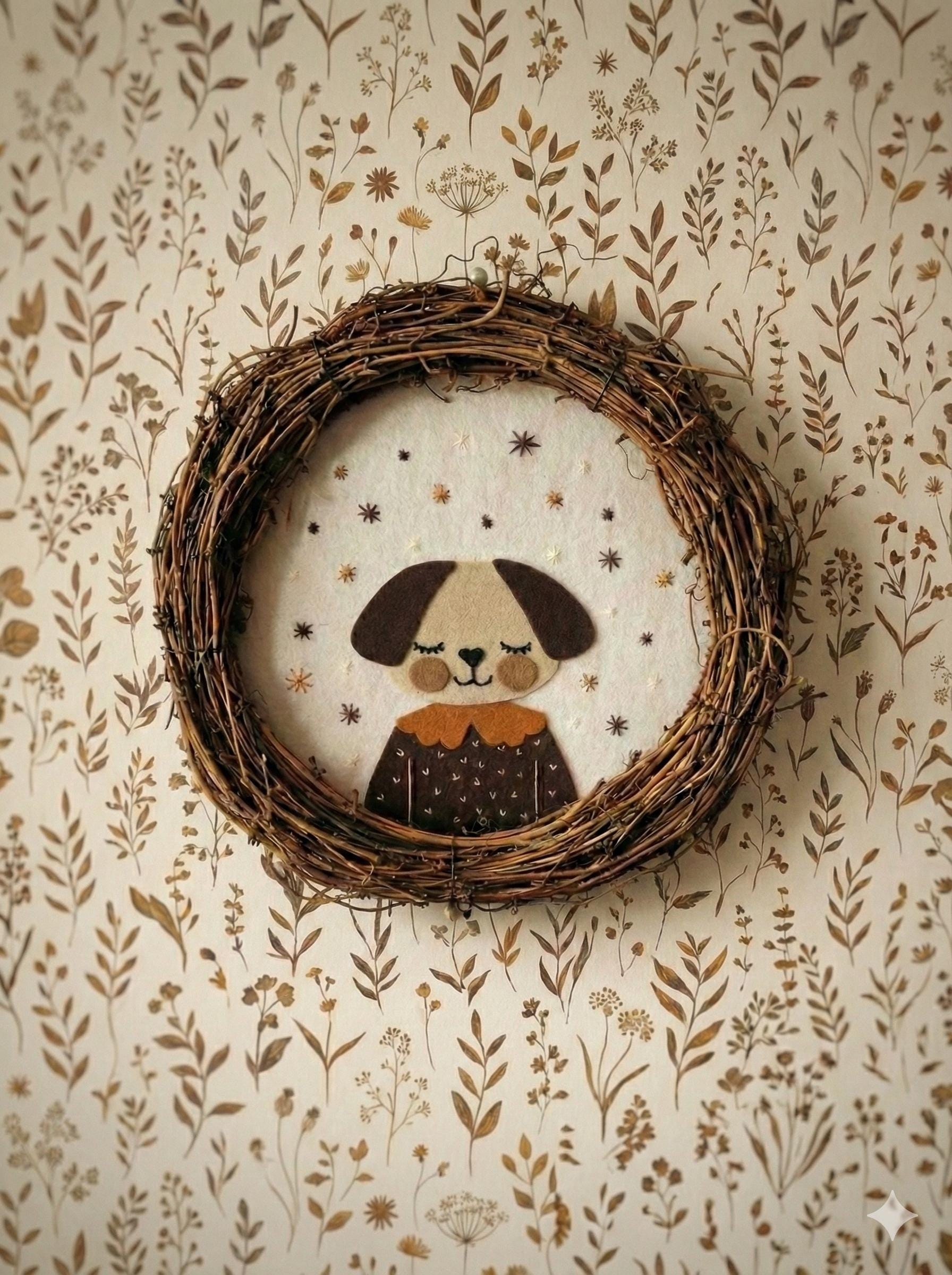 Handmade felt dog wall wreath for a nursery