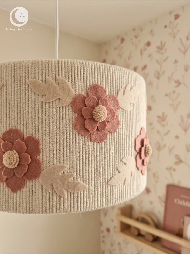 Handmade floral nursery lampshade with felt flowers in blush and dusty rose on a ribbed cotton base