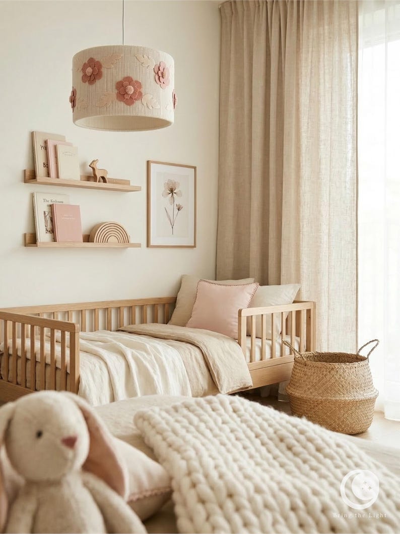 Handmade floral nursery lampshade with felt flowers in blush and dusty rose on a ribbed cotton base