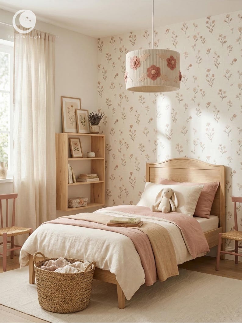 Handmade floral nursery lampshade with felt flowers in blush and dusty rose on a ribbed cotton base