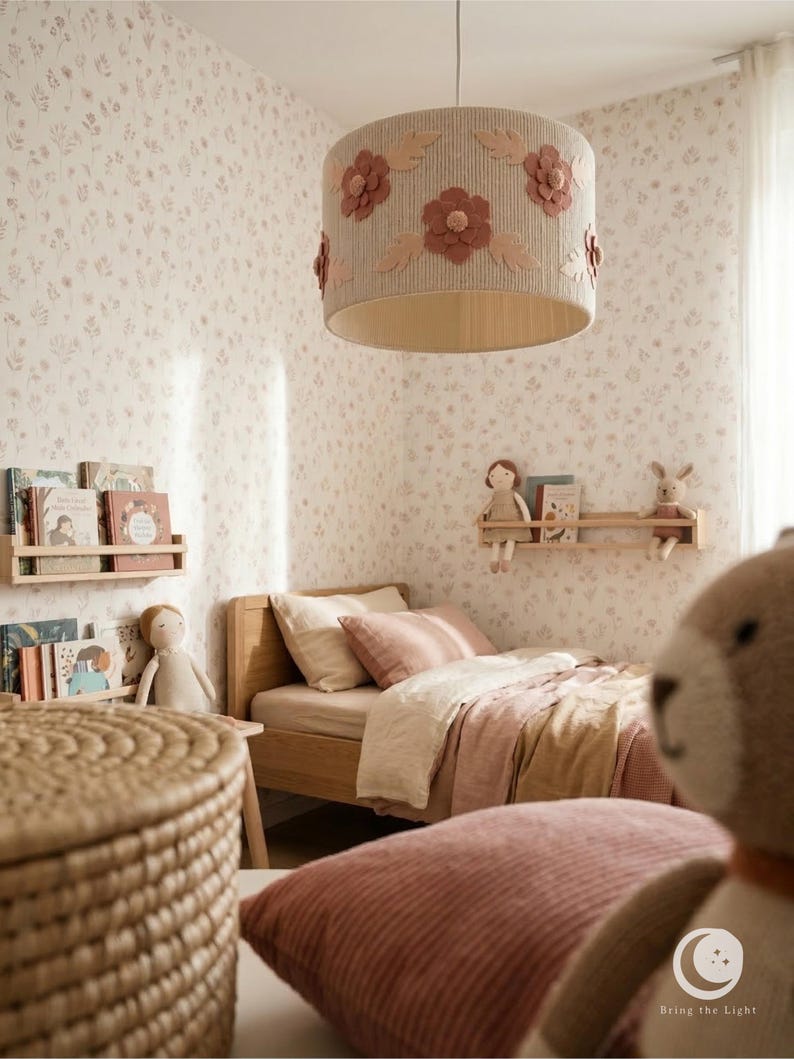Handmade floral nursery lampshade with felt flowers in blush and dusty rose on a ribbed cotton base