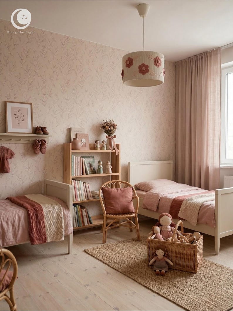 Handmade floral nursery lampshade with felt flowers in blush and dusty rose on a ribbed cotton base