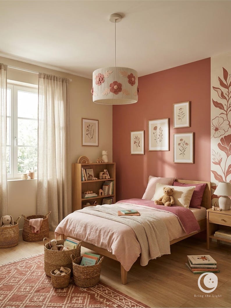 Handmade floral nursery lampshade with felt flowers in blush and dusty rose on a ribbed cotton base