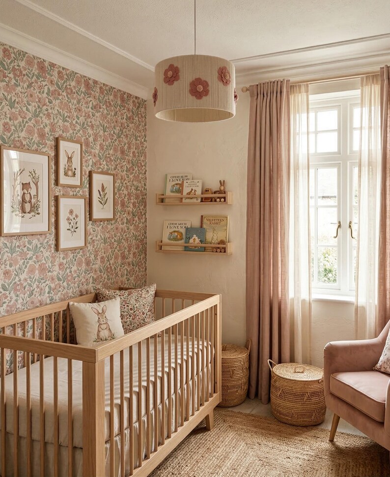Handmade floral nursery lampshade with dusty-rose felt flowers on a beige cotton base