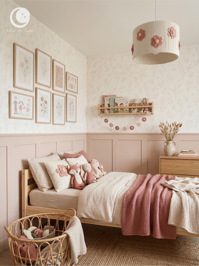 Handmade floral nursery lampshade with dusty-rose felt flowers on a beige cotton base