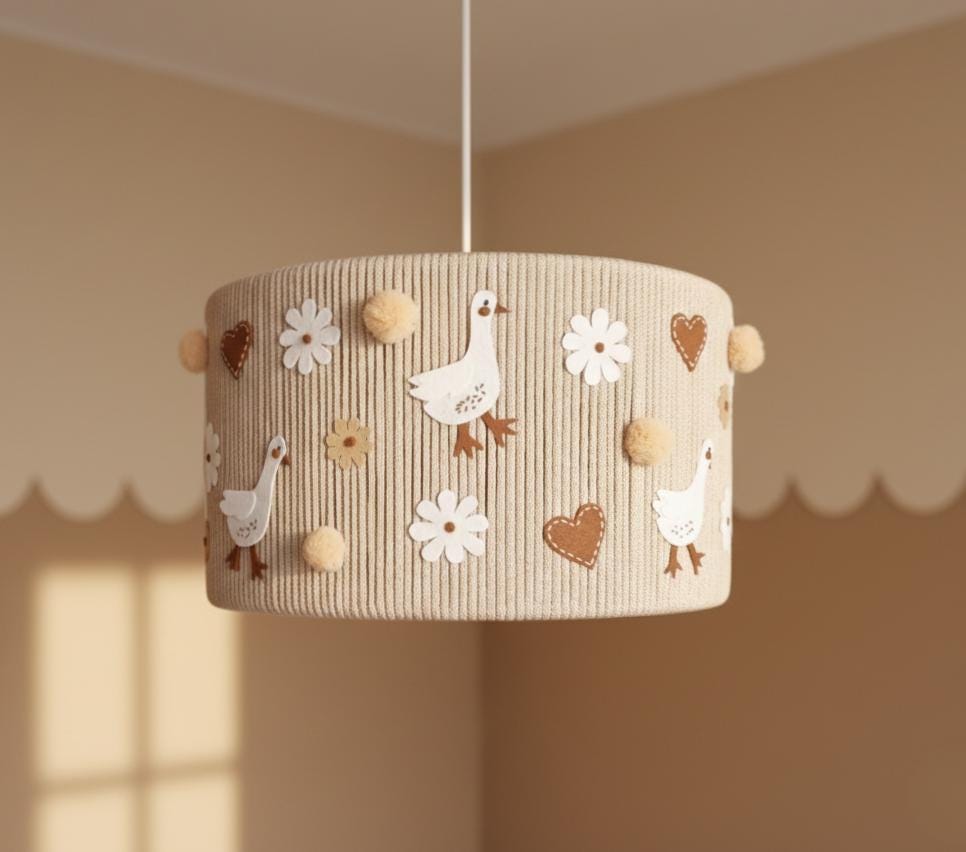 Gosling farm lampshade with felt goose and meadow florals