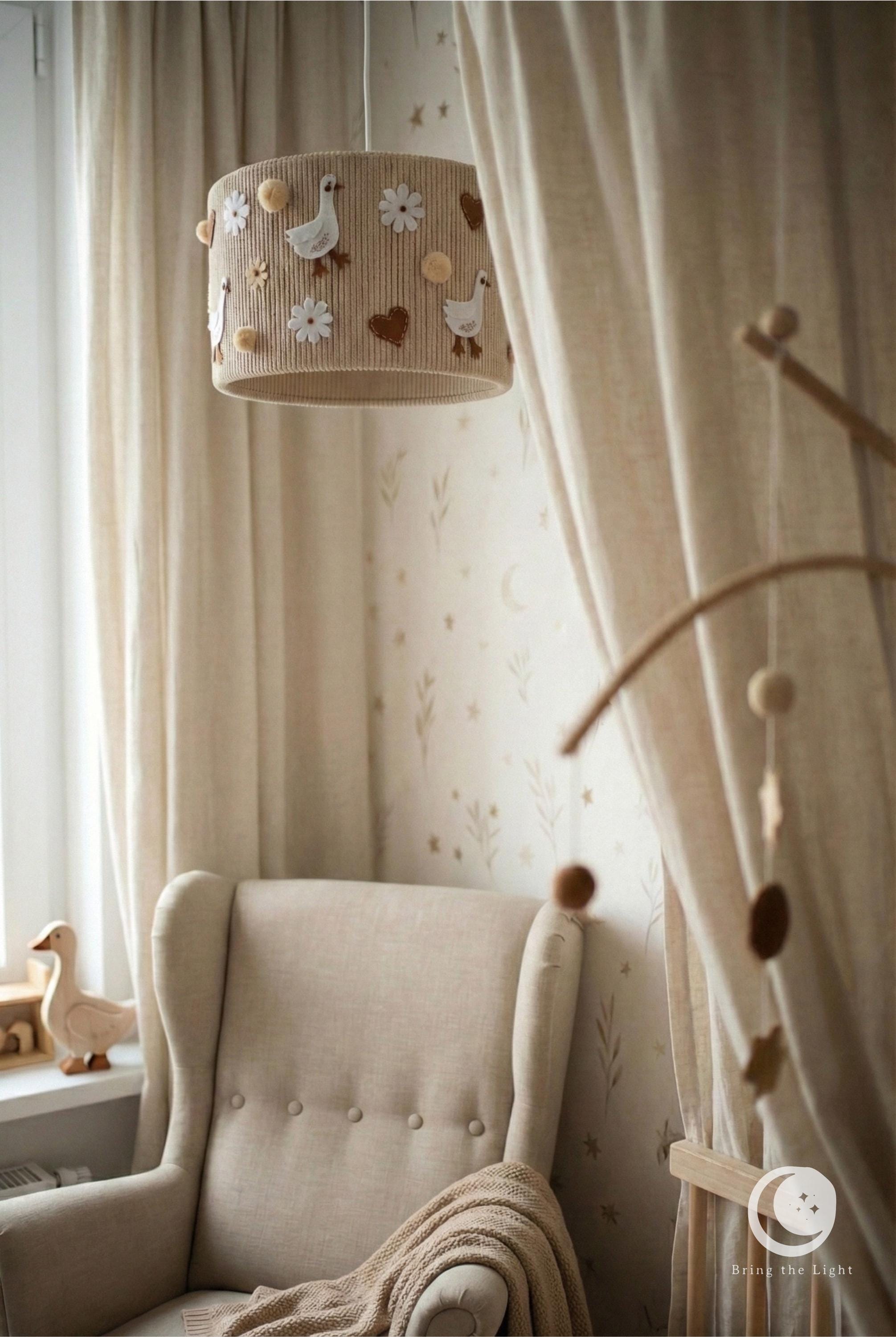 Gosling farm lampshade with felt goose and meadow florals