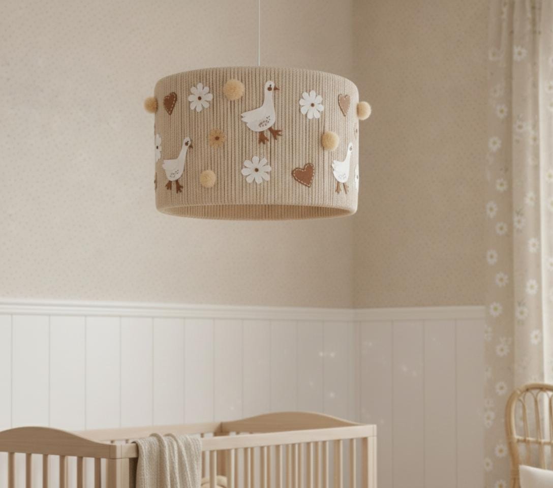 Gosling farm lampshade with felt goose and meadow florals