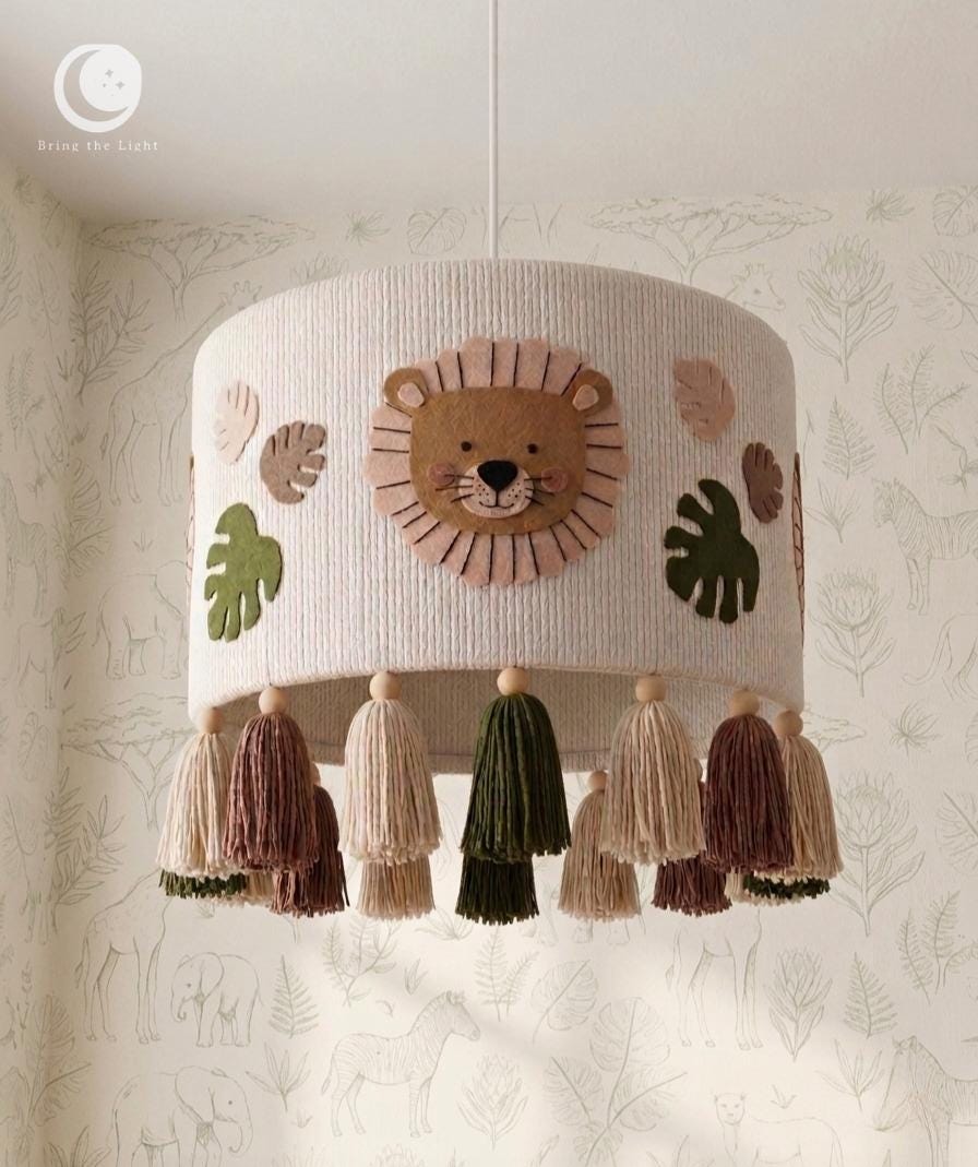 Handmade safari lion lampshade with felt mane and tasseled fringe