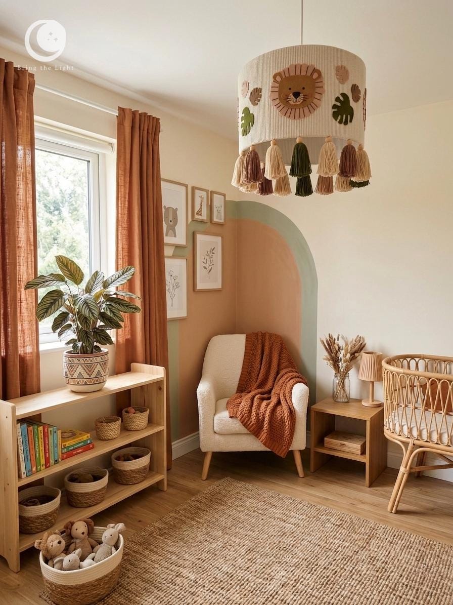 Handmade safari lion lampshade with felt mane and tasseled fringe