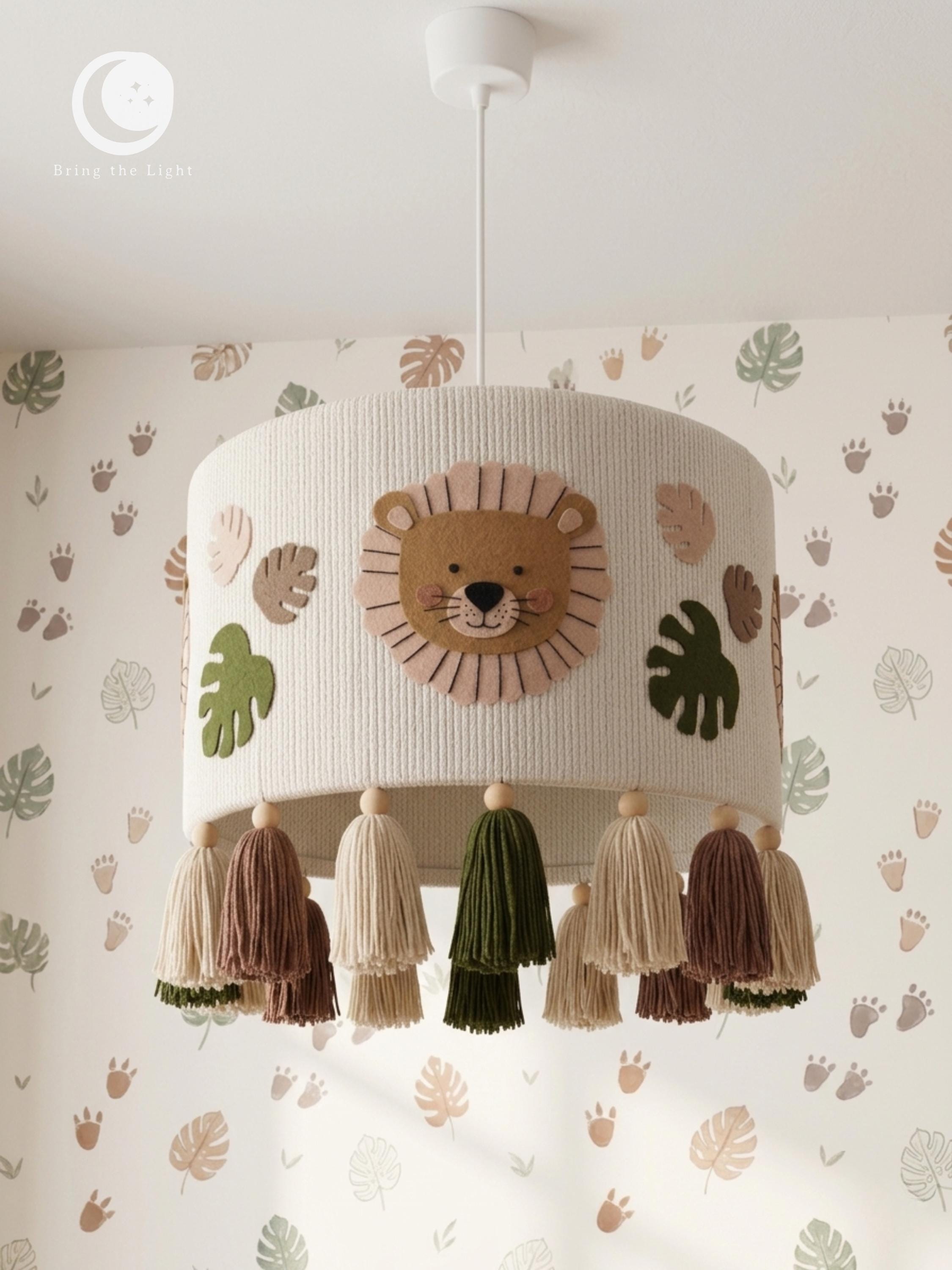 Handmade safari lion lampshade with felt mane and tasseled fringe