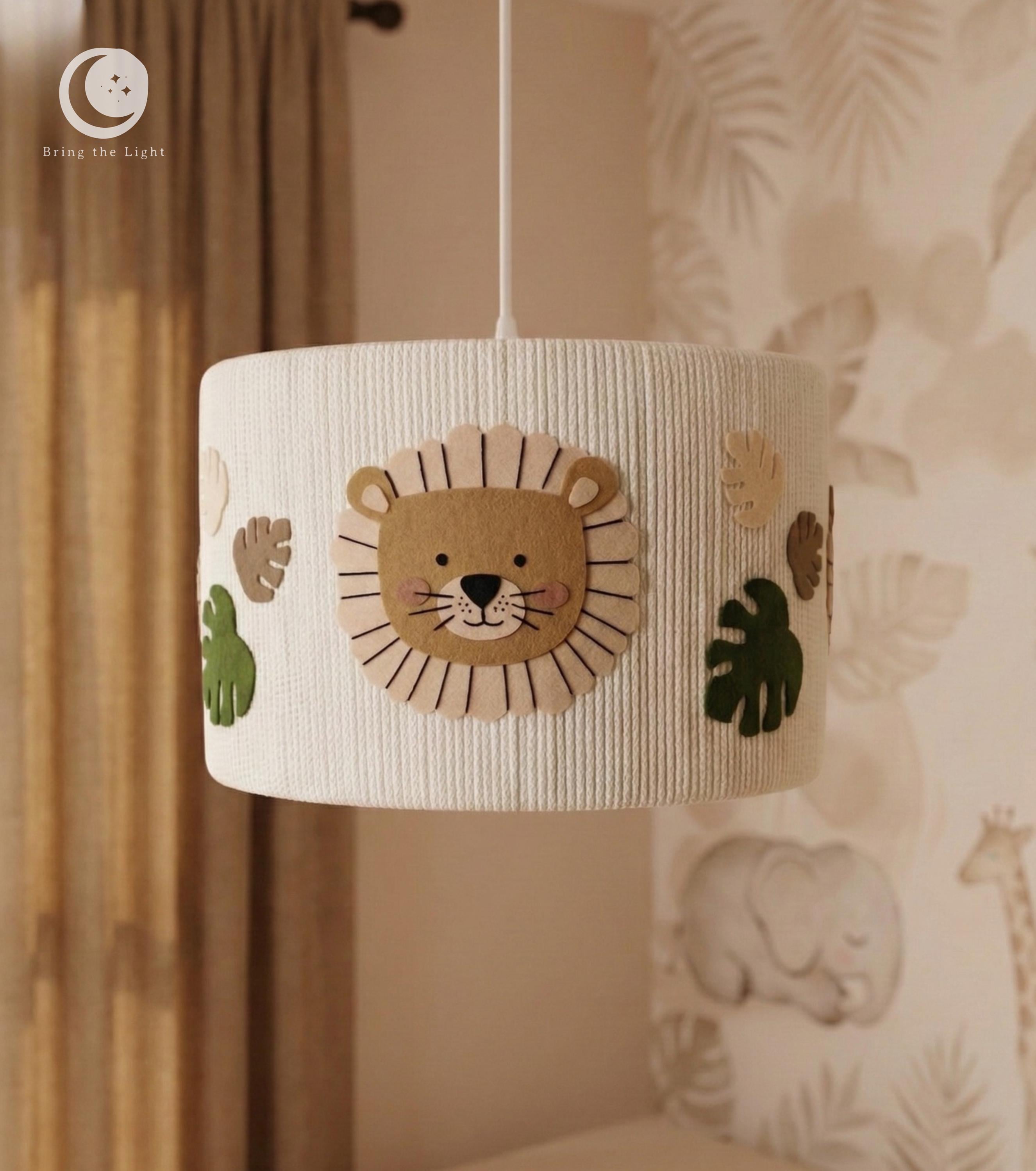 Handmade safari lion lampshade with felt mane and tasseled fringe
