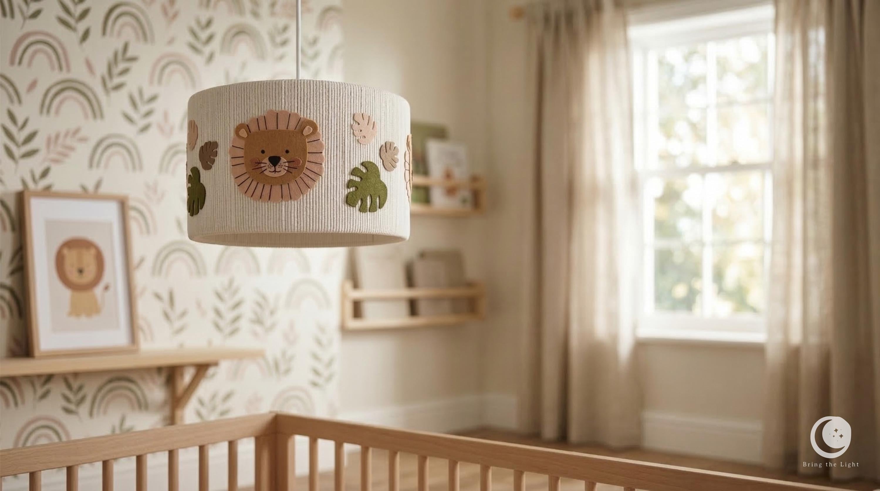 Handmade safari lion lampshade with felt mane and tasseled fringe