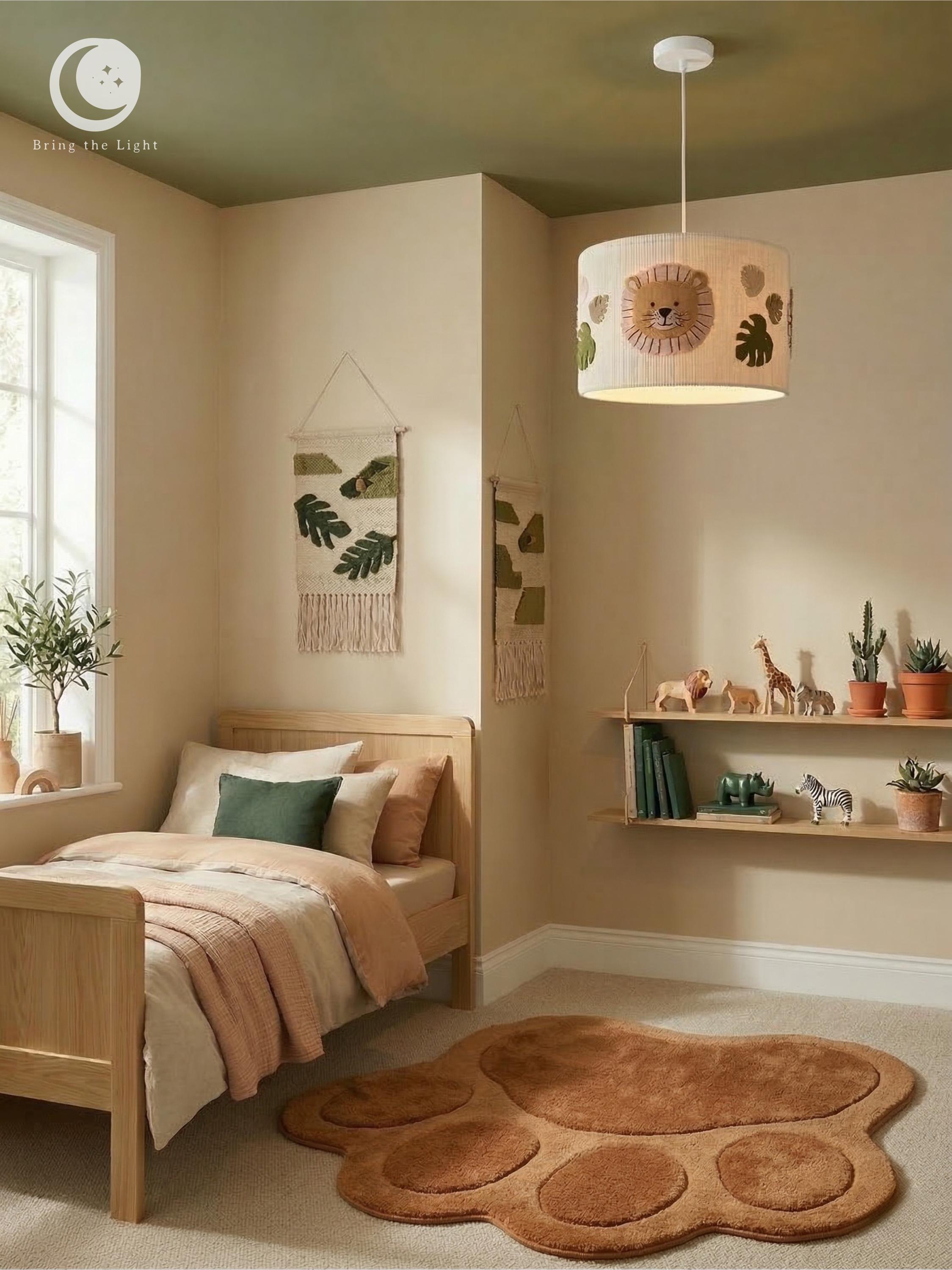 Handmade safari lion lampshade with felt mane and tasseled fringe