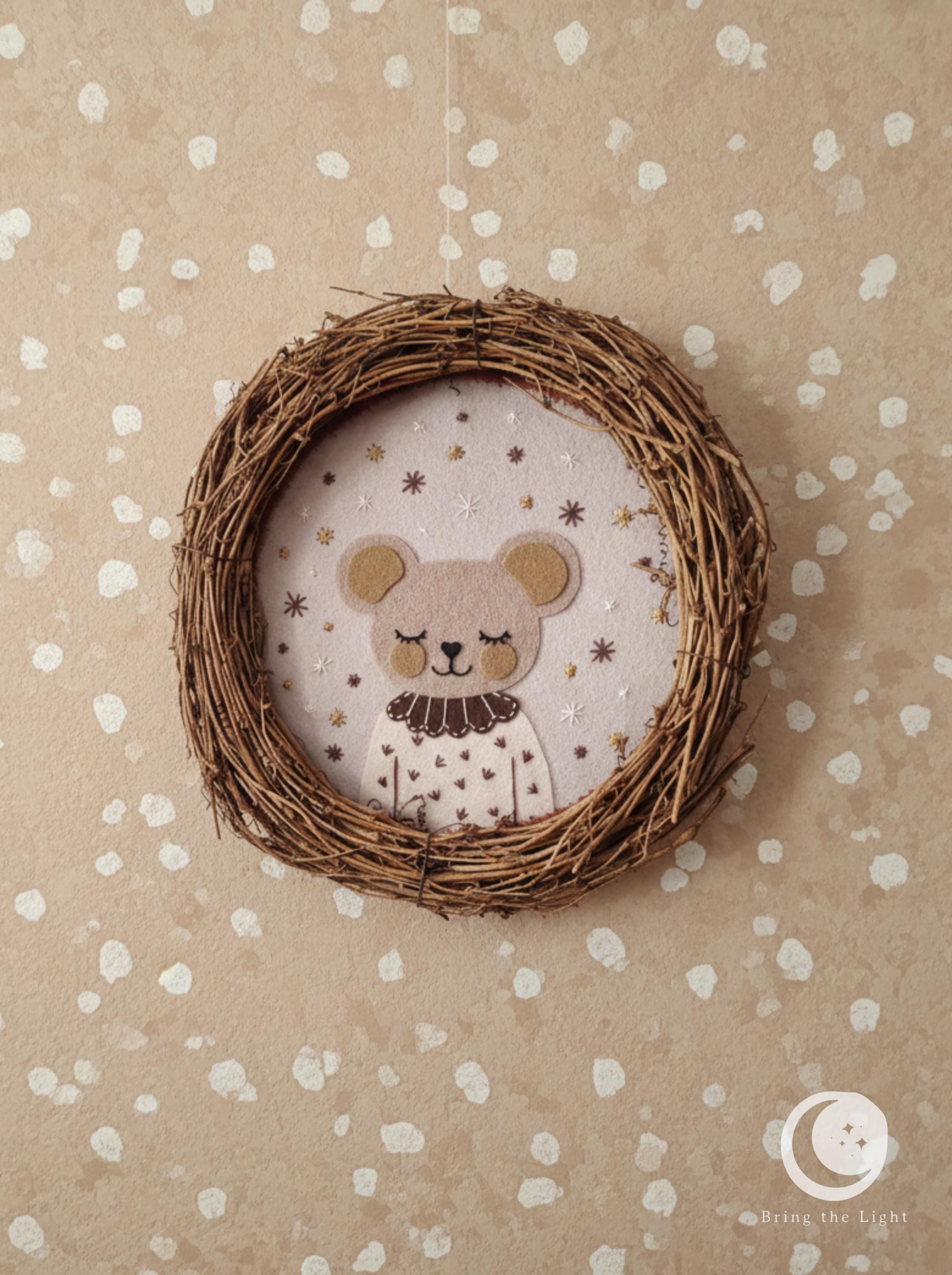 Handmade felt mouse wall wreath for a boho baby room