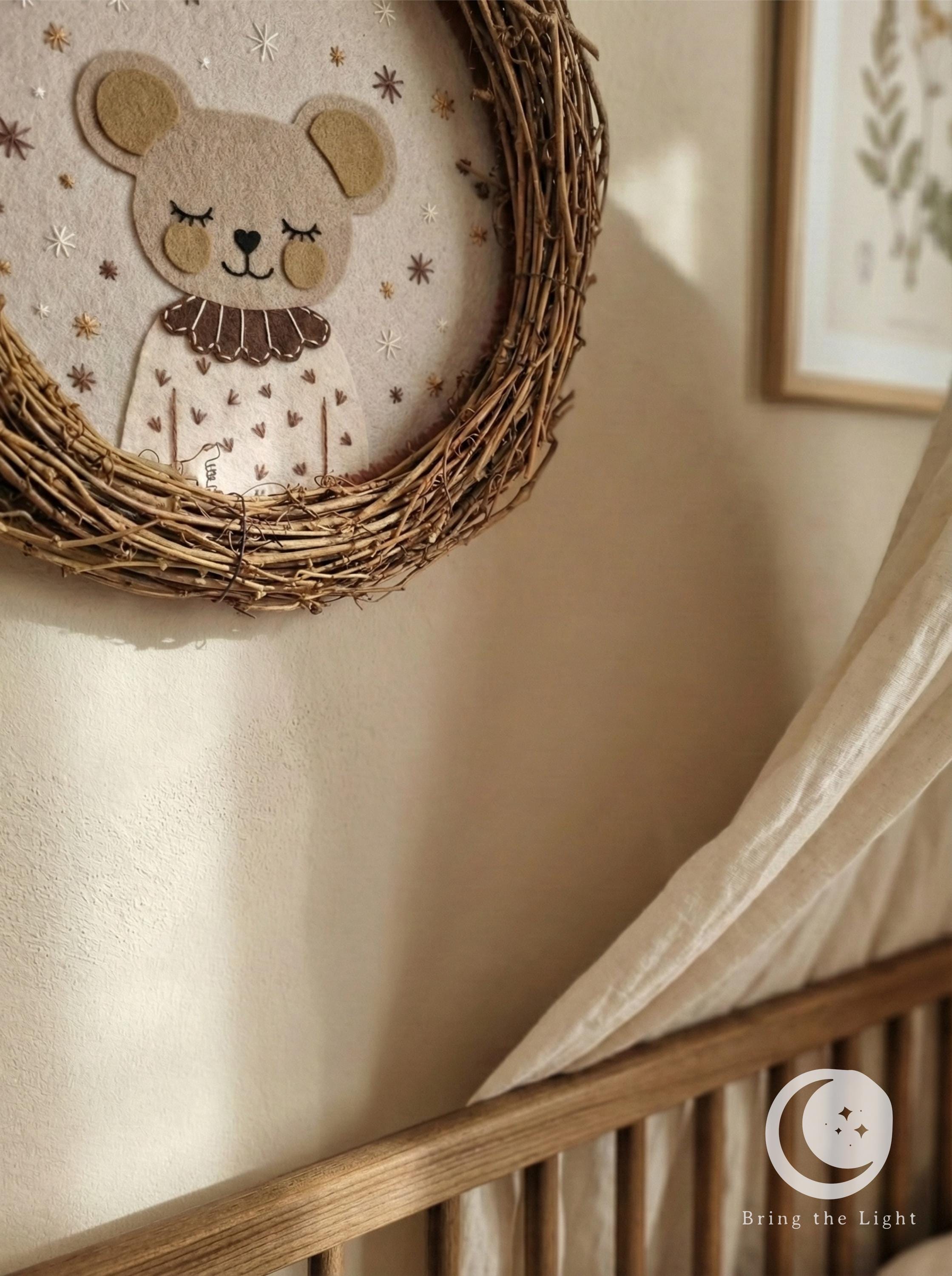 Handmade felt mouse wall wreath for a boho baby room