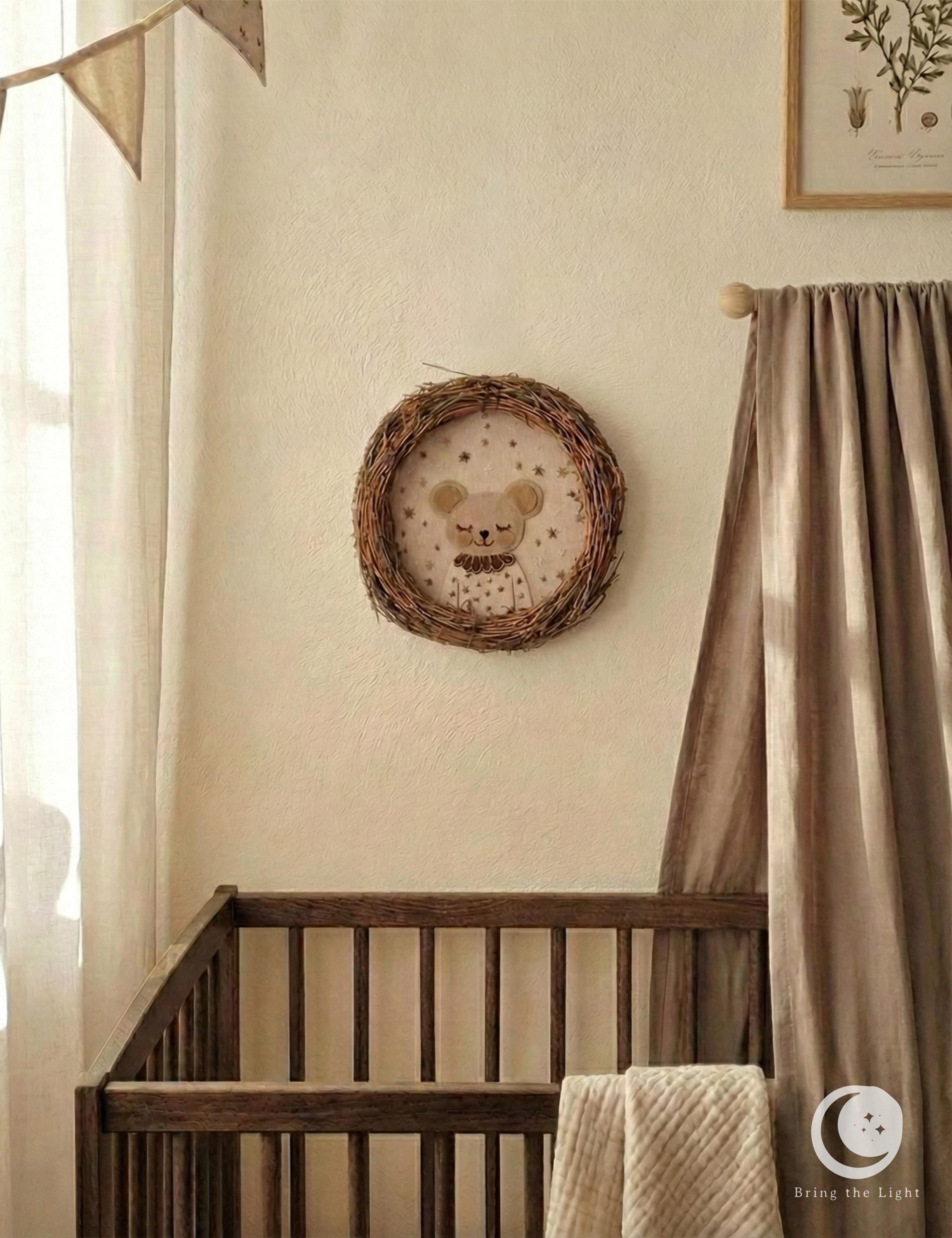 Handmade felt mouse wall wreath for a boho baby room