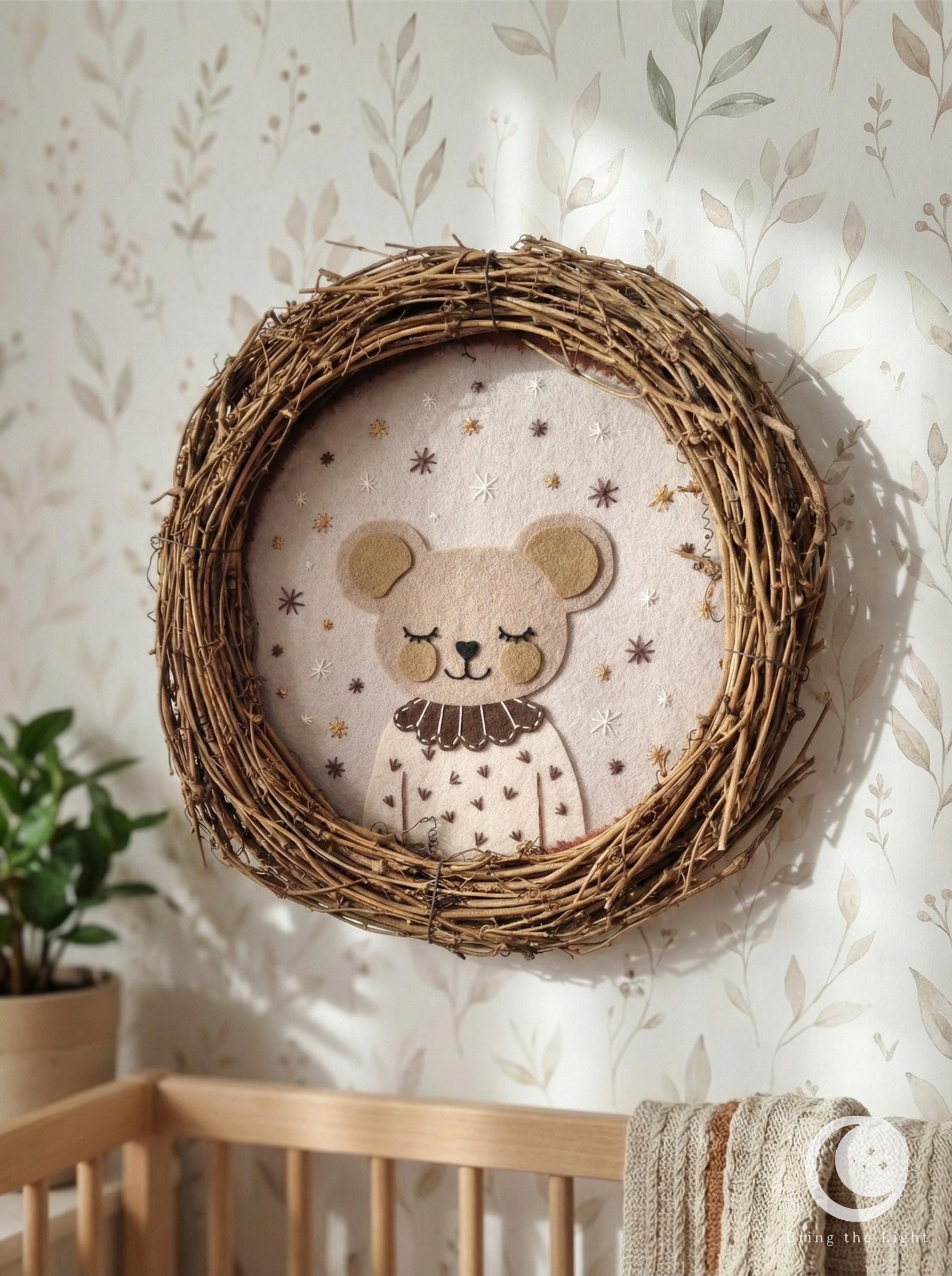 Handmade felt mouse wall wreath for a boho baby room