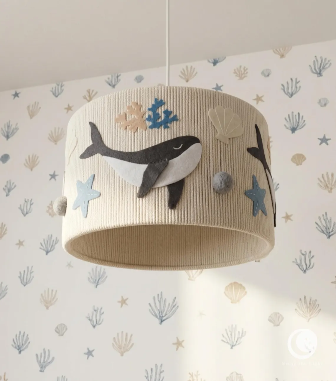Handmade ocean whale ceiling lamp for nursery in warm beige cotton tones