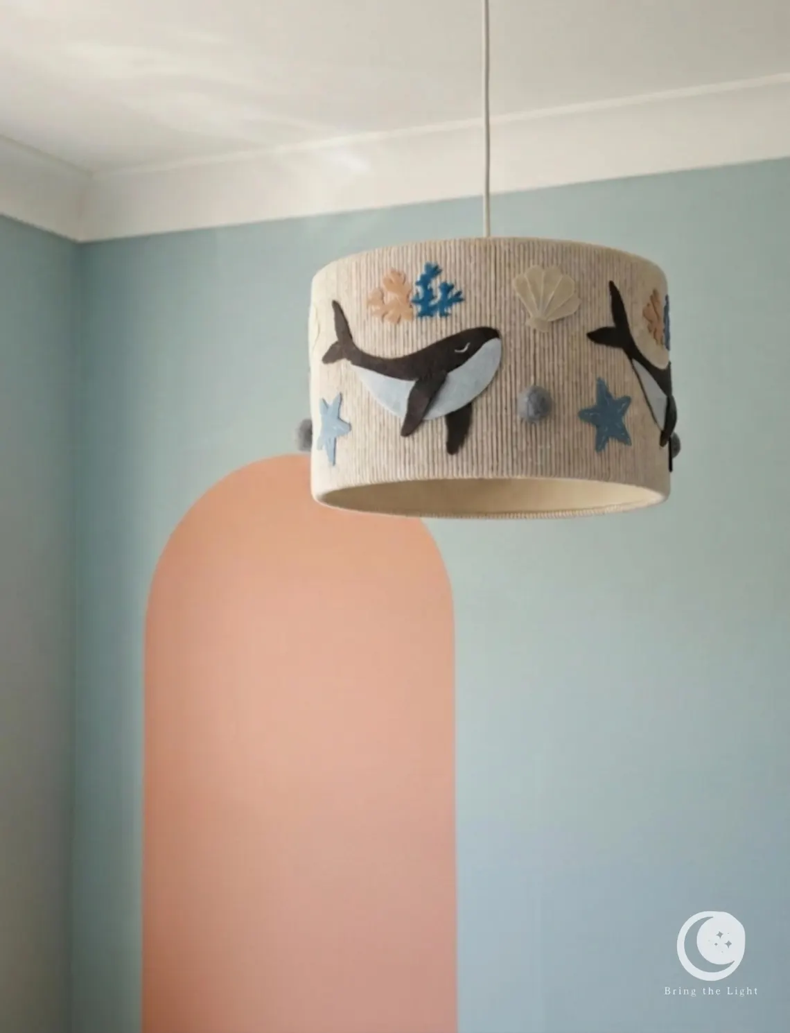 Handmade ocean whale ceiling lamp for nursery in warm beige cotton tones