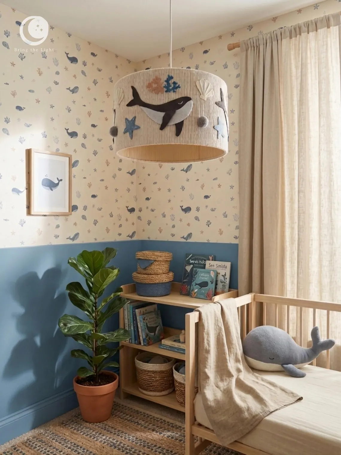 Handmade ocean whale ceiling lamp for nursery in warm beige cotton tones