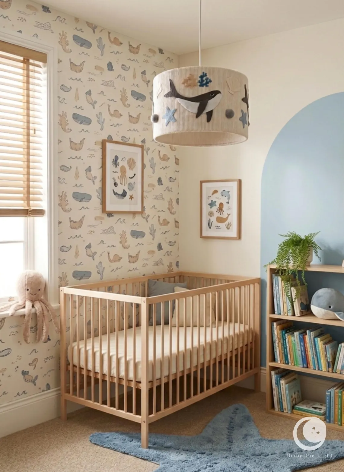 Handmade ocean whale ceiling lamp for nursery in warm beige cotton tones