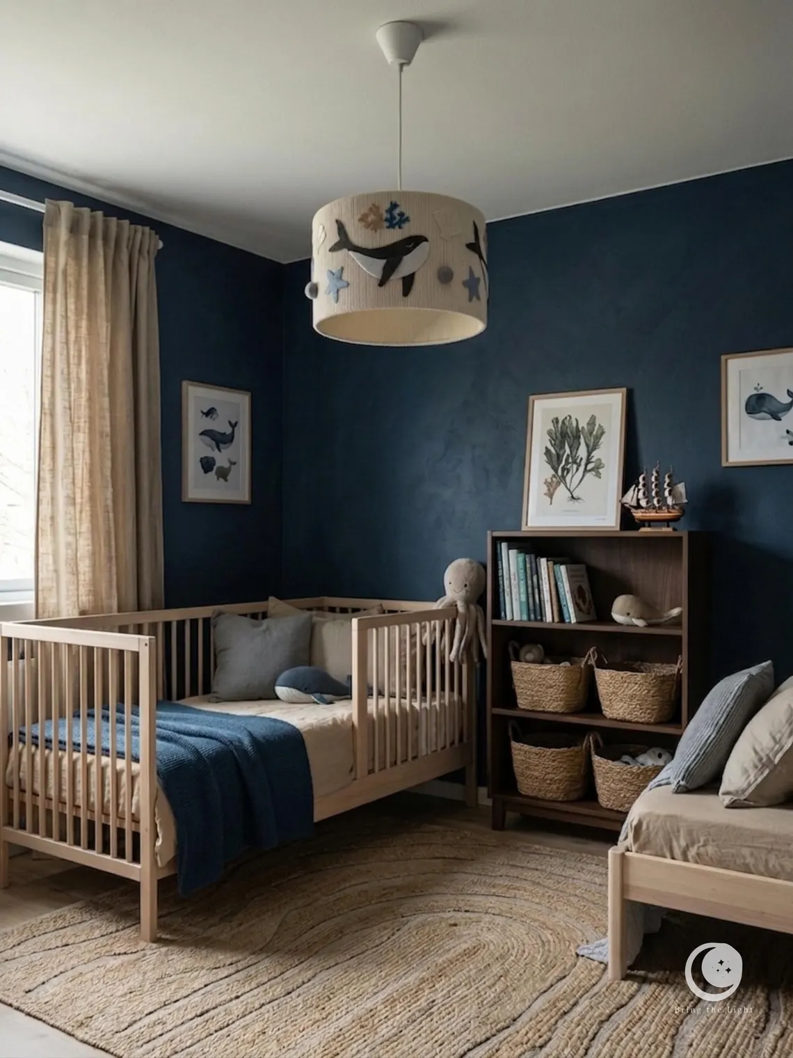 Handmade ocean whale ceiling lamp for nursery in warm beige cotton tones
