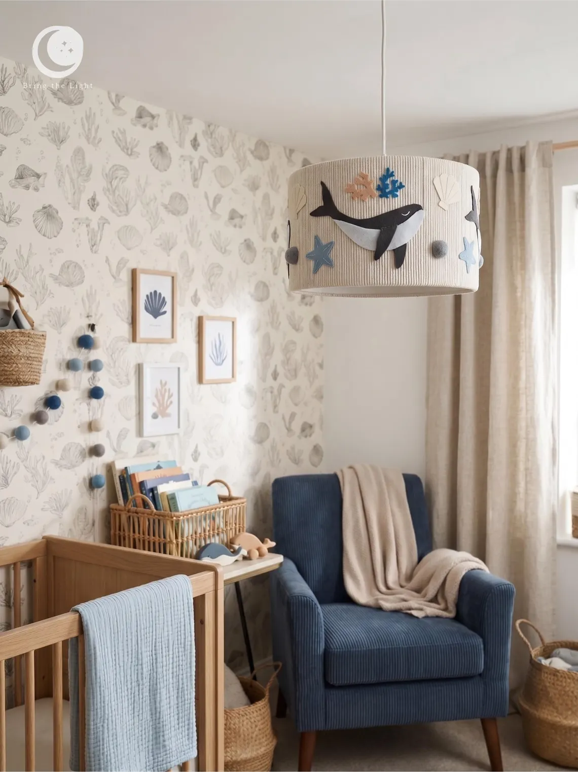 Handmade ocean whale ceiling lamp for nursery in warm beige cotton tones