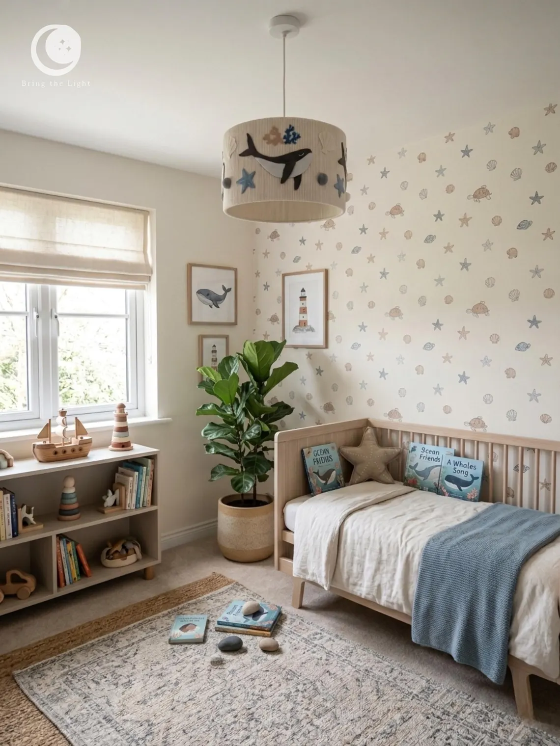 Handmade ocean whale ceiling lamp for nursery in warm beige cotton tones