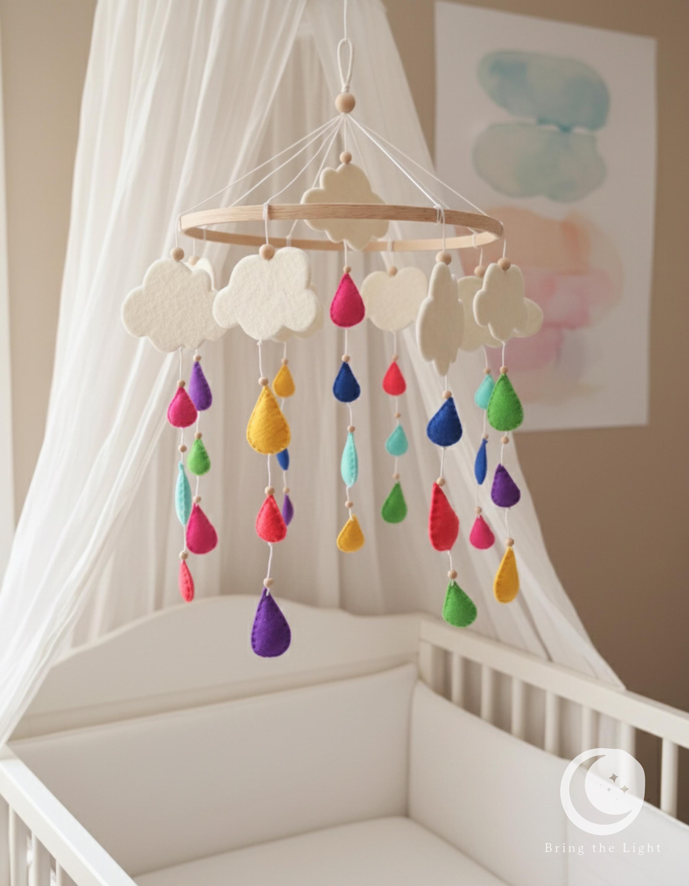 Rain cloud felt baby mobile with colorful felt raindrops