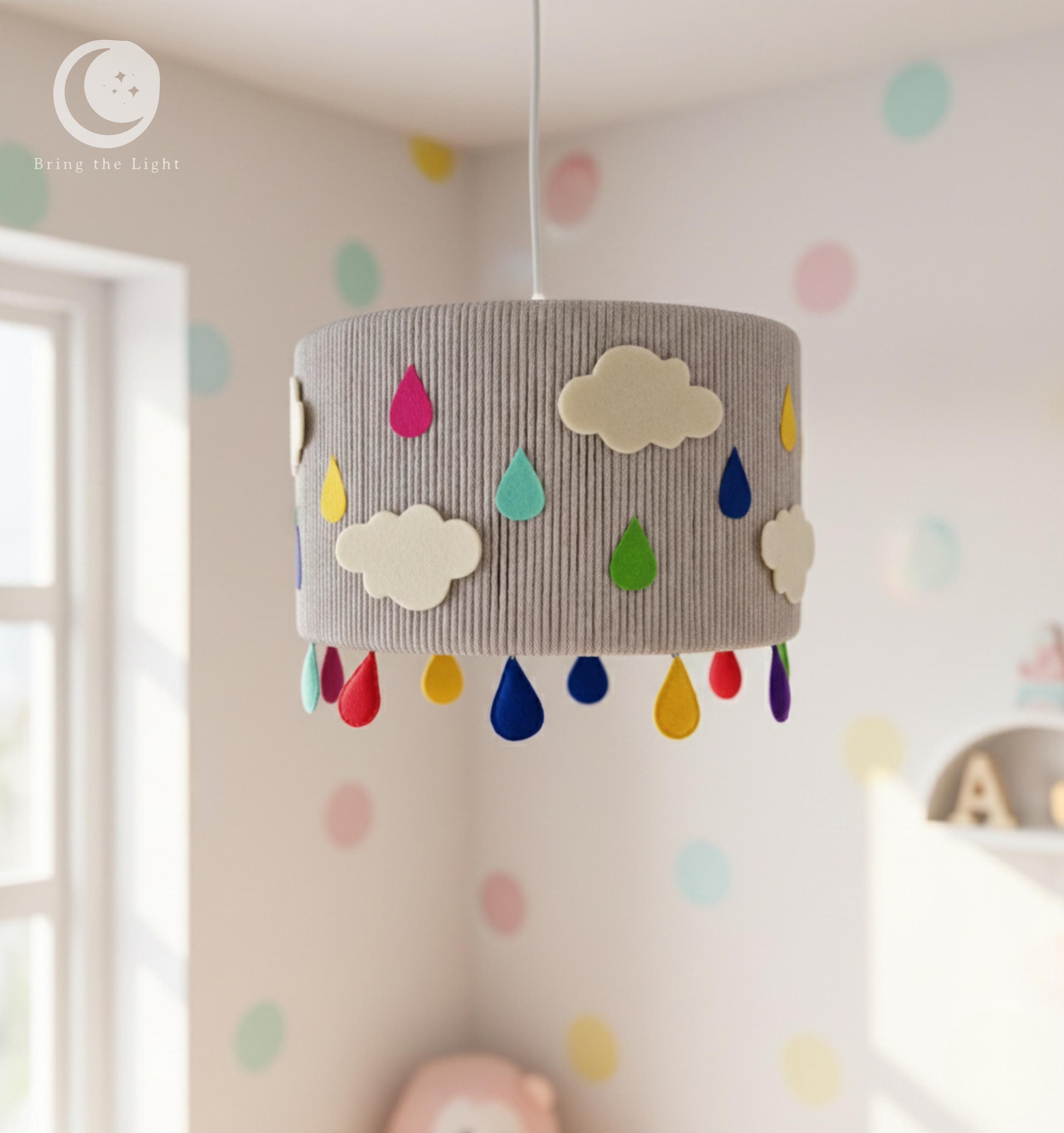 Rainbow raindrop cloud lampshade in gray with colorful felt drops
