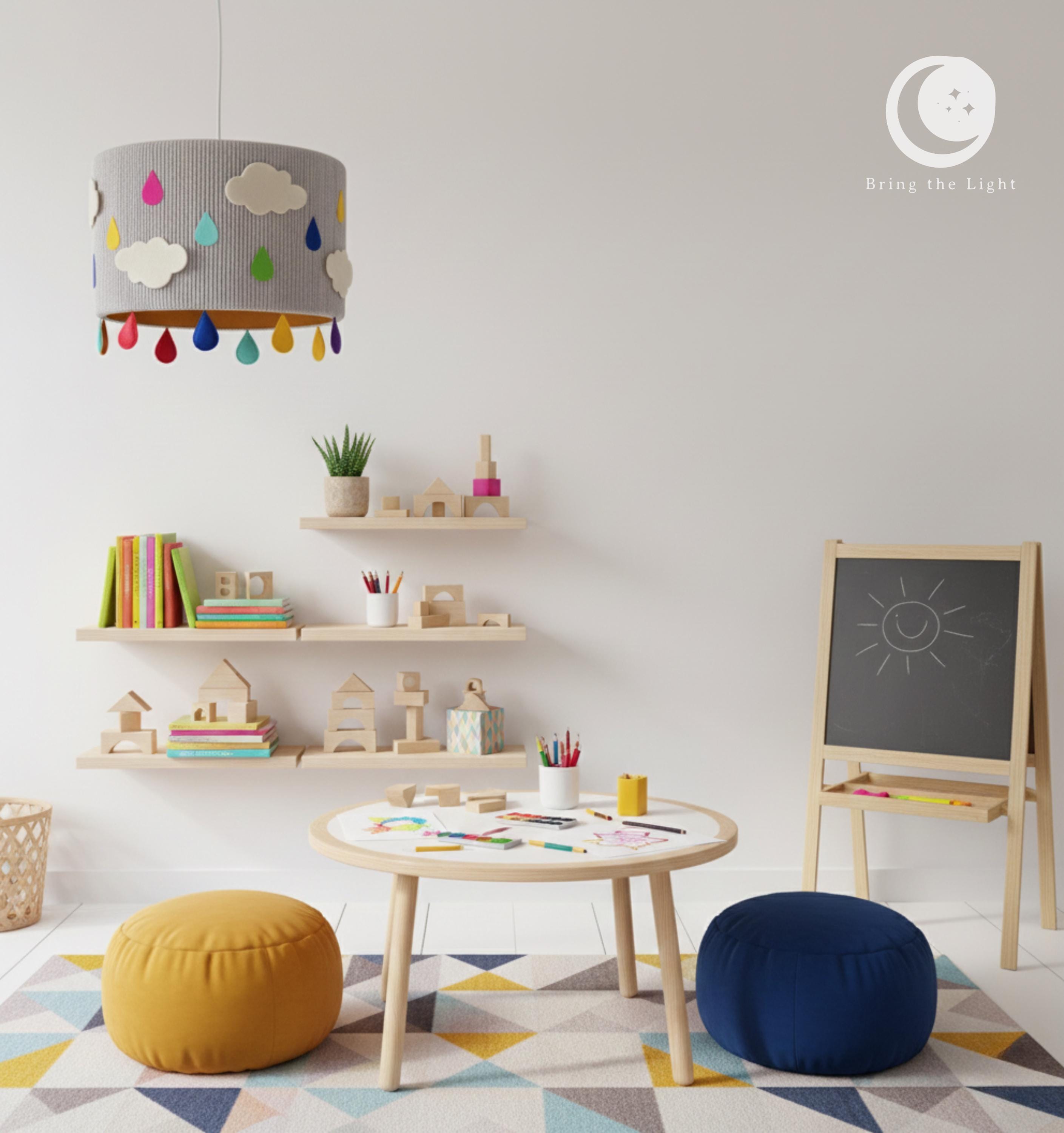 Rainbow raindrop cloud lampshade in gray with colorful felt drops