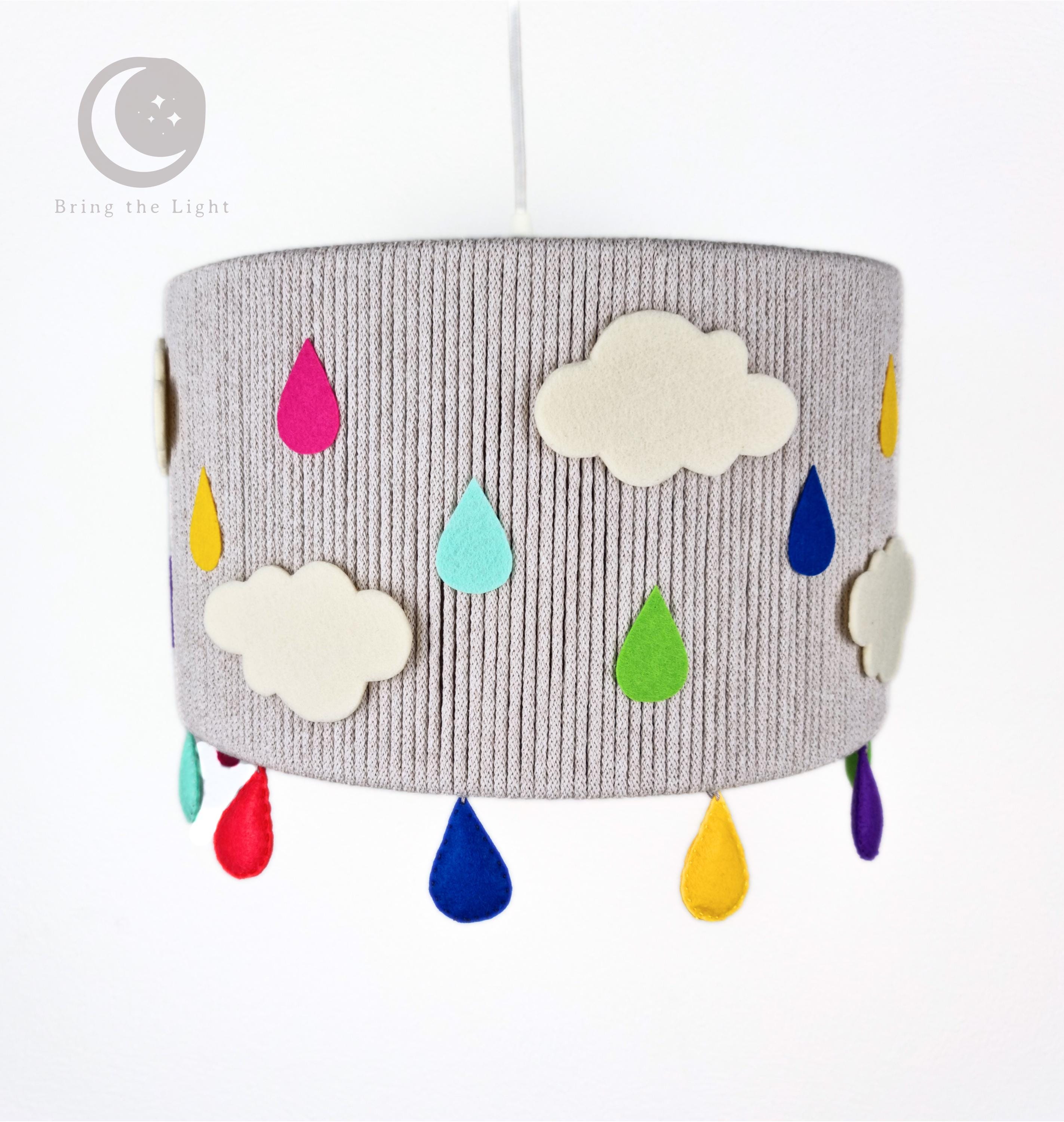 Rainbow raindrop cloud lampshade in gray with colorful felt drops
