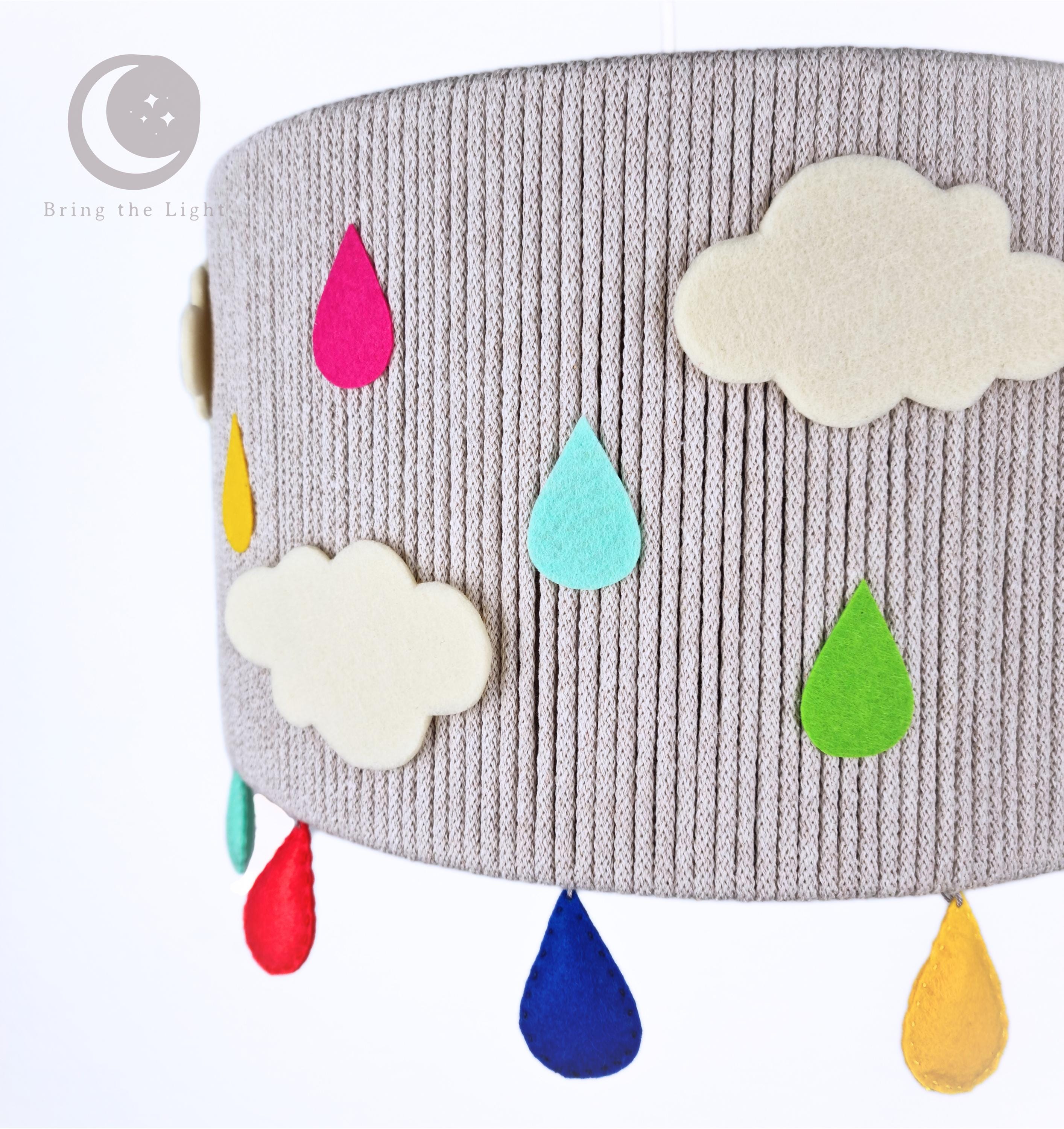 Rainbow raindrop cloud lampshade in gray with colorful felt drops