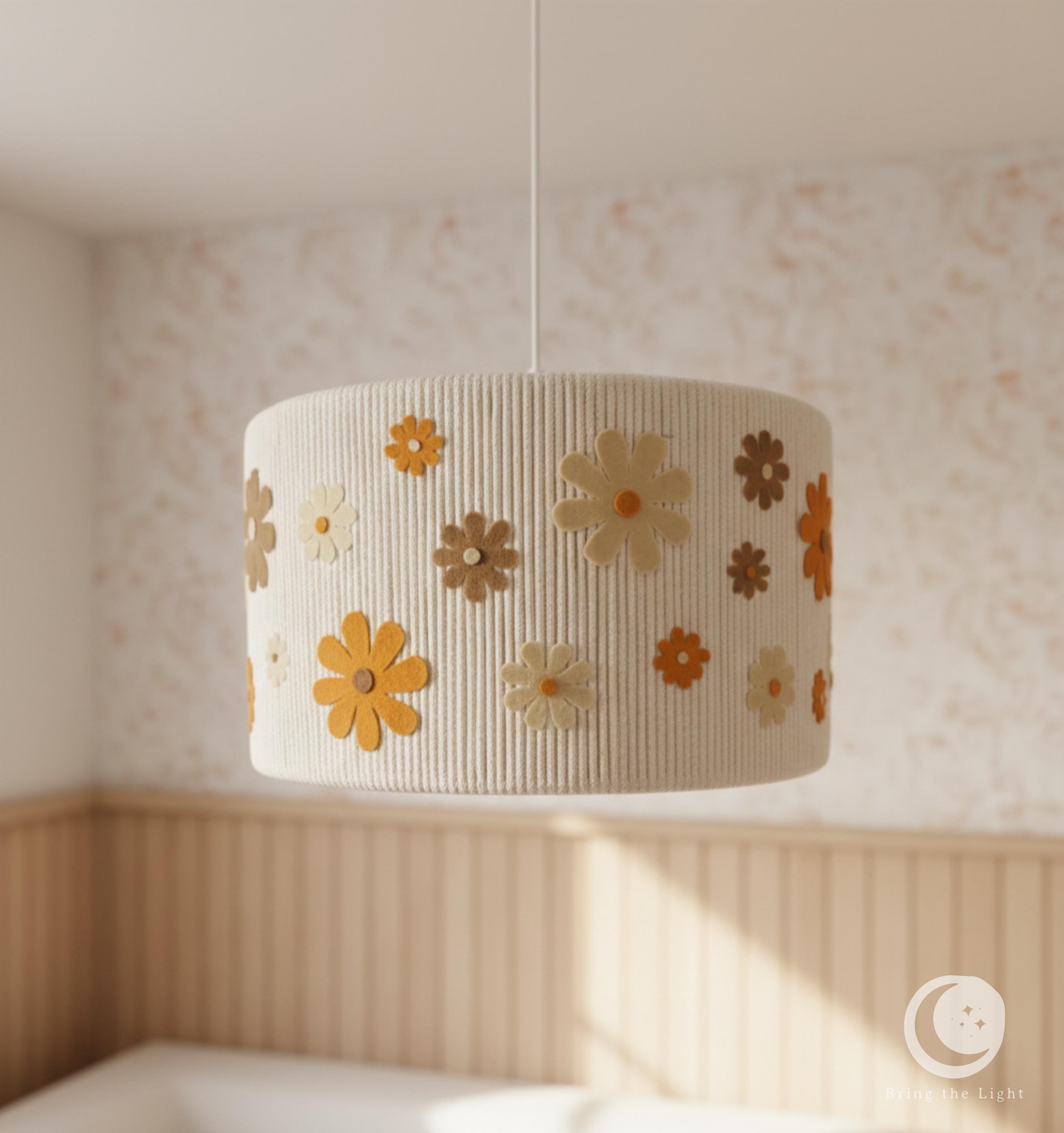 Retro boho floral lampshade for a girl's room with dense peach blooms