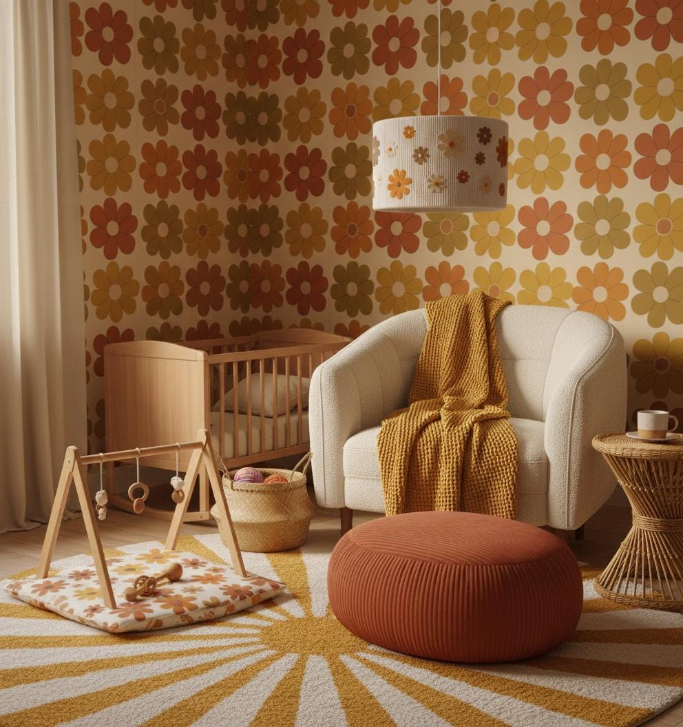 Retro boho floral lampshade for a girl's room with dense peach blooms