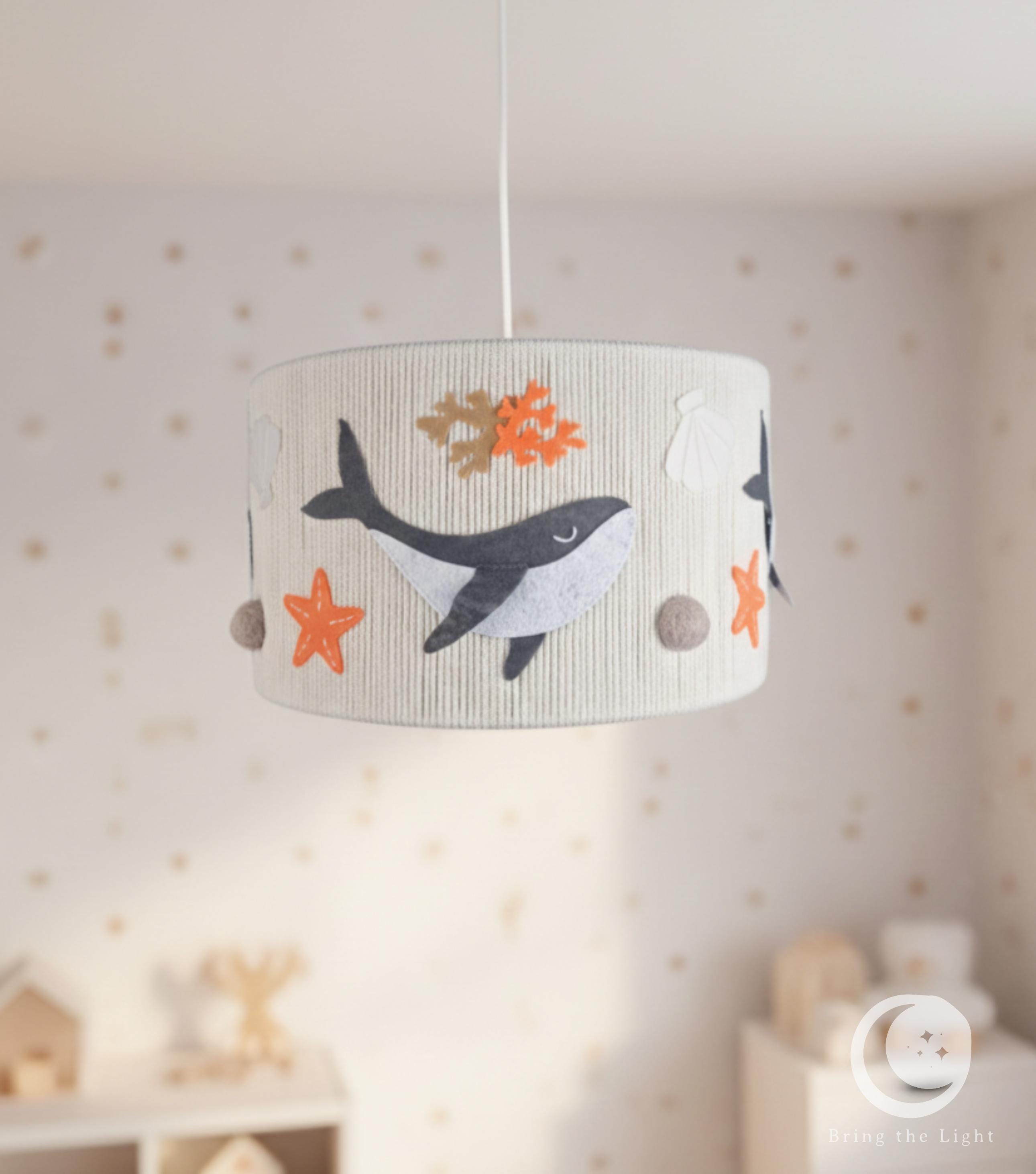 Handmade whale ocean nursery ceiling lamp in neutral cotton tones