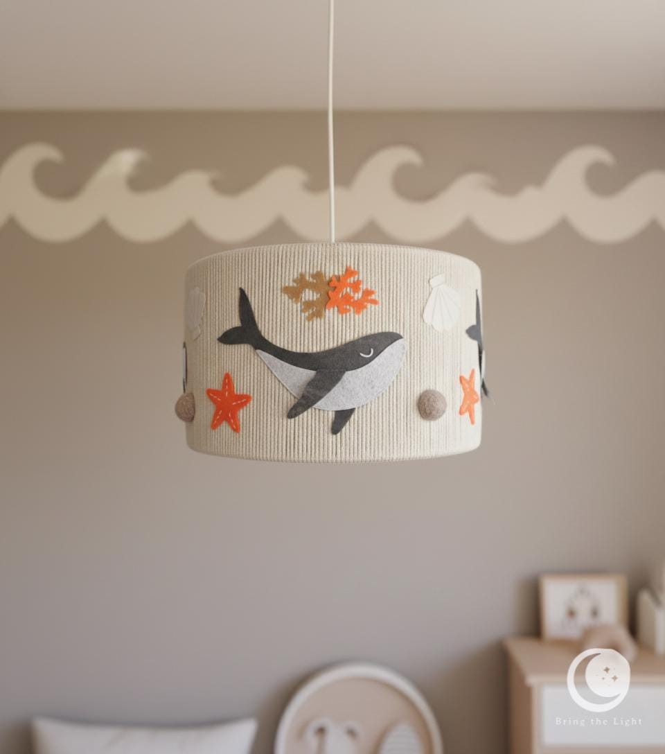 Handmade whale ocean nursery ceiling lamp in neutral cotton tones