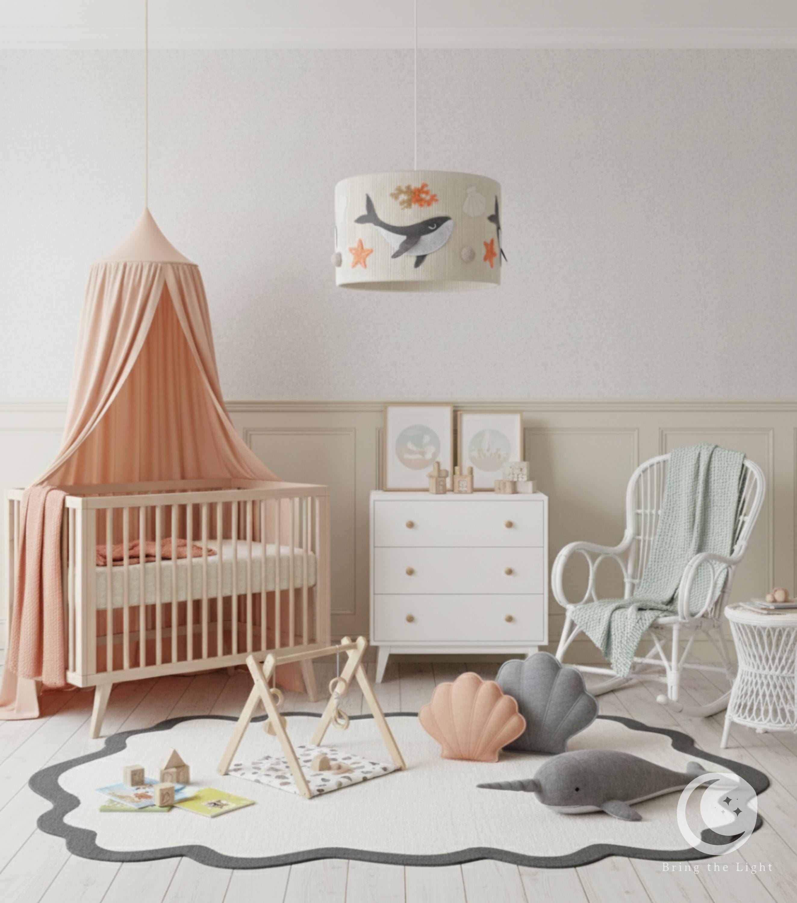 Handmade whale ocean nursery ceiling lamp in neutral cotton tones