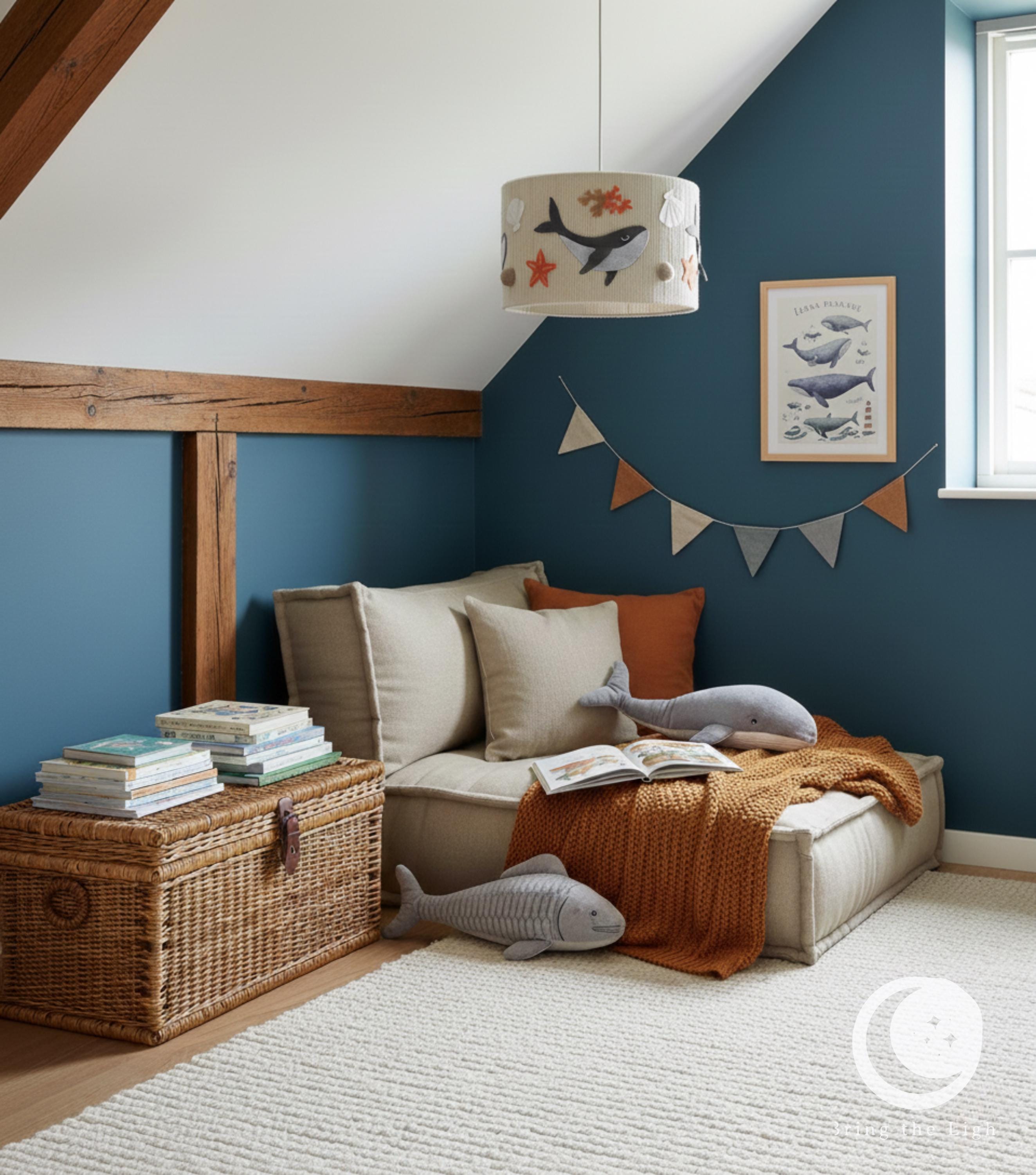 Handmade whale ocean nursery ceiling lamp in neutral cotton tones