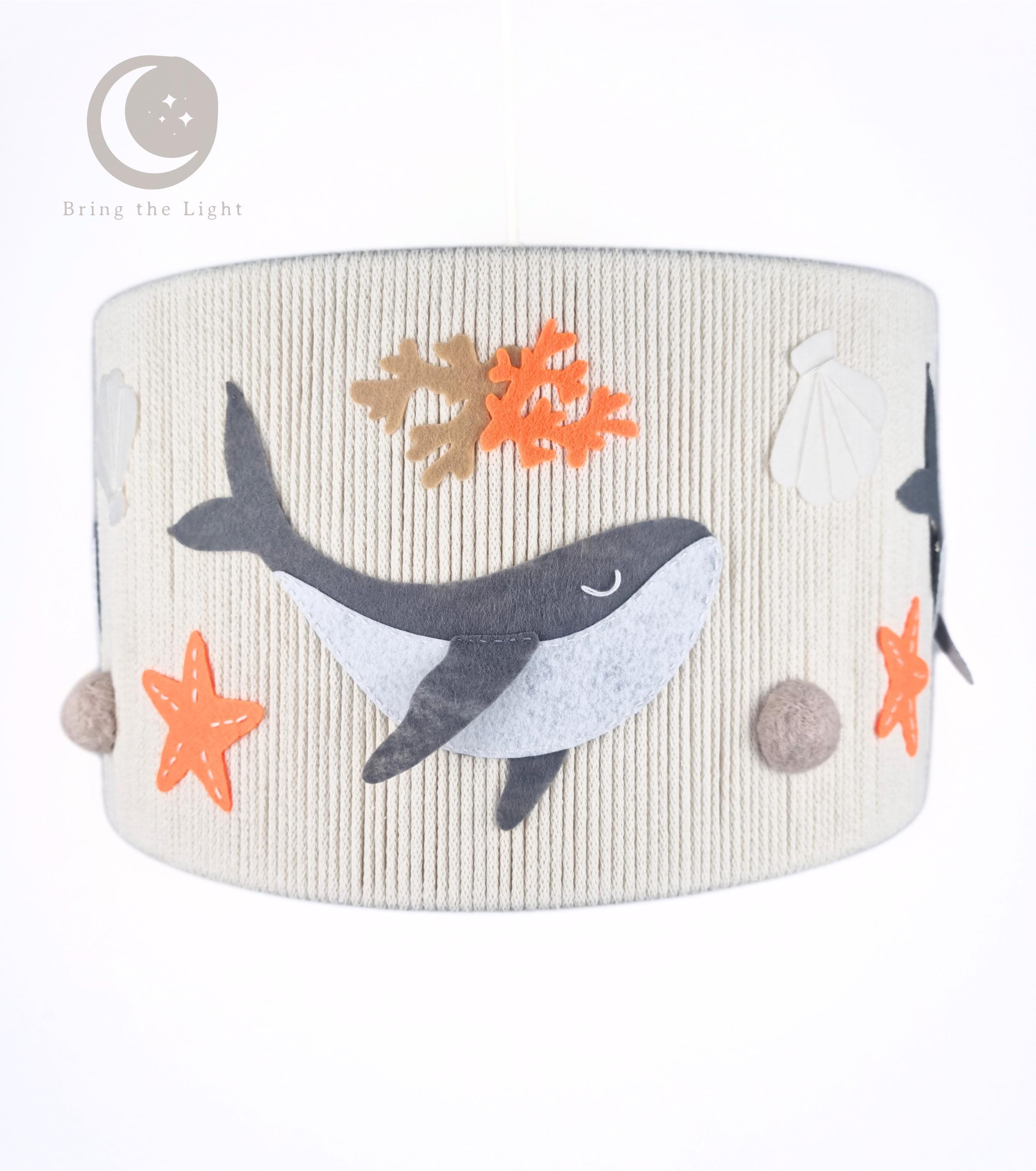 Handmade whale ocean nursery ceiling lamp in neutral cotton tones