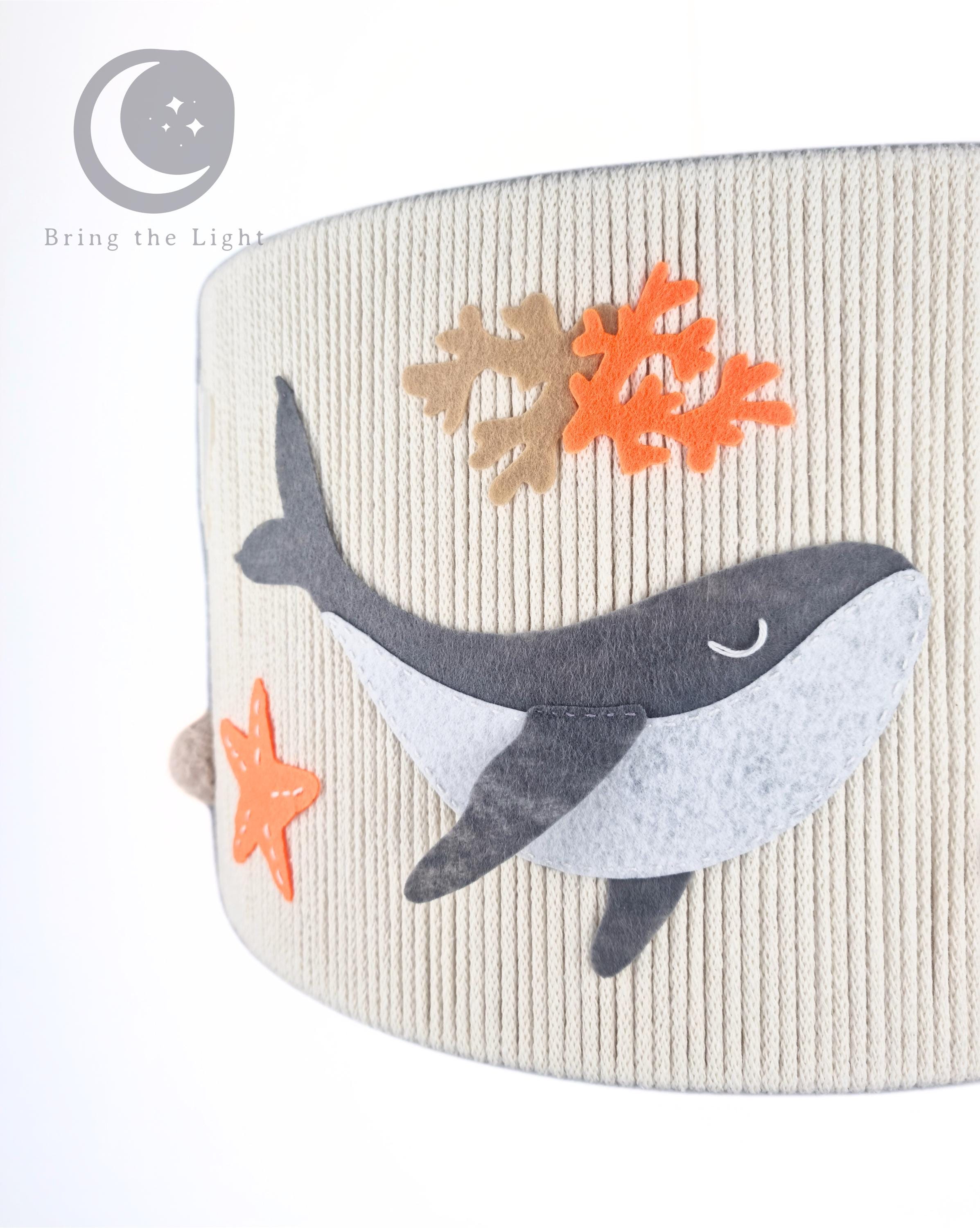 Handmade whale ocean nursery ceiling lamp in neutral cotton tones