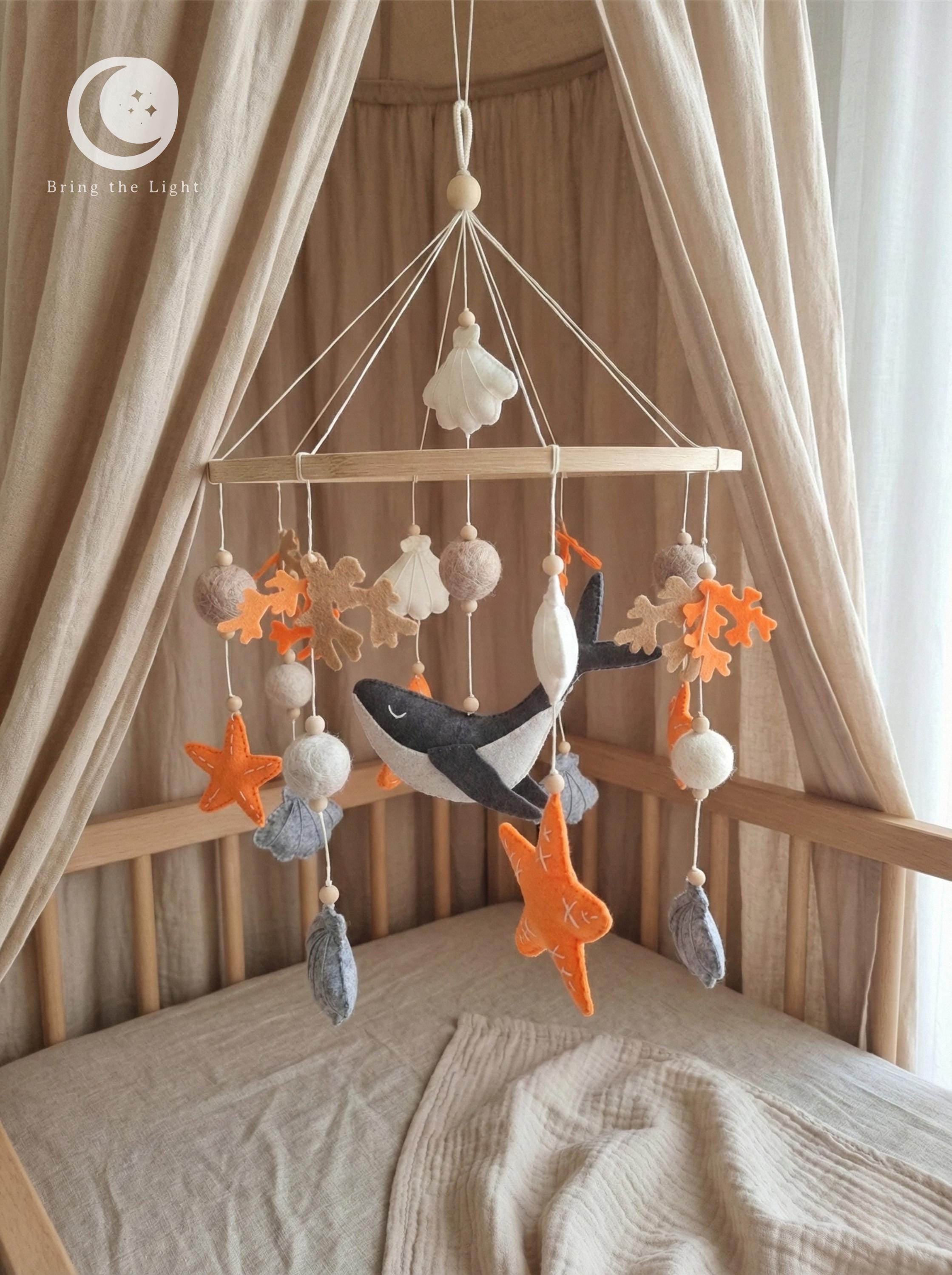 Ocean whale felt baby mobile in neutral crib tones